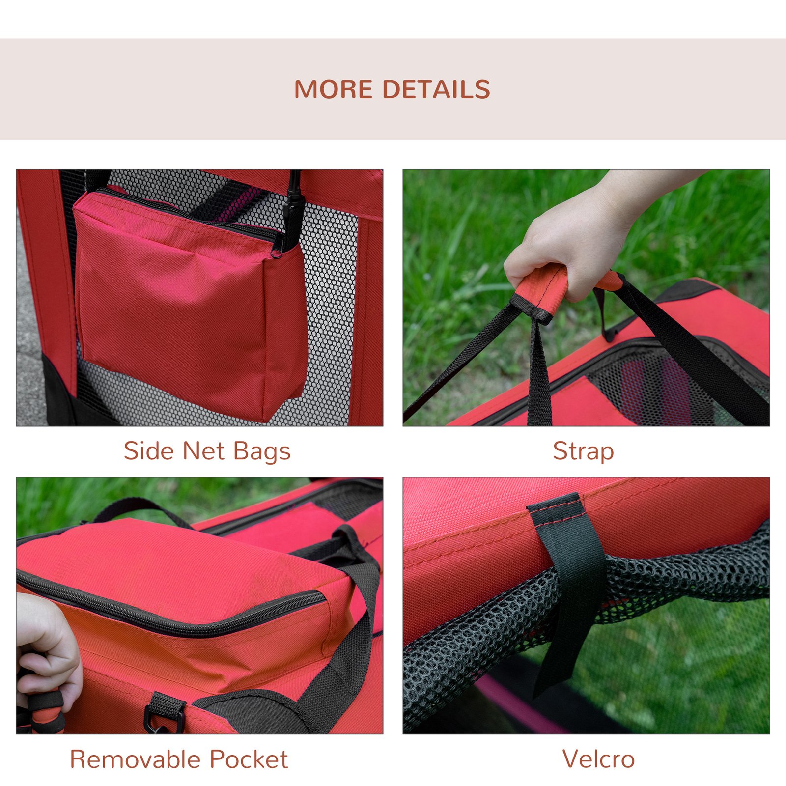 Foldable Pet Carrier for Small and Miniature Dogs, Portable Cat Carrier Soft Side Pet Travel Crate with Removable Mat, Storage Bags, Breathable Mesh Window 60 x 42 x 42cm - Red - Image 8