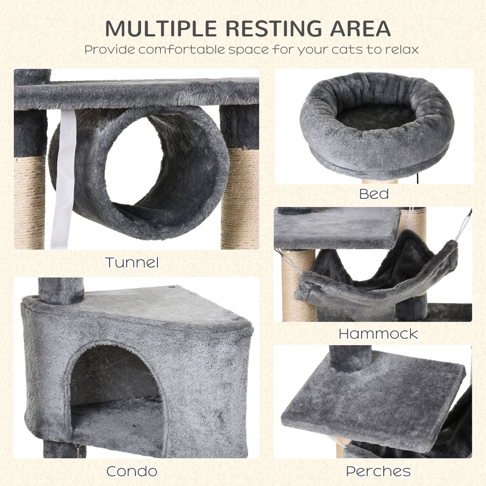 Cat Tree for Indoor Cats Condo Tower Multi-level Height 150CM Kittens Activity Stand House with Toys & Various Scratching Posts