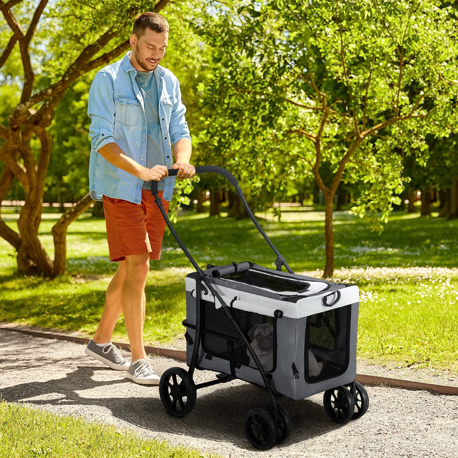 Foldable Dog Stroller, Pet Travel Crate, with Detachable Carrier, Soft Padding, for Mini, Small Dogs - Grey - Image 9