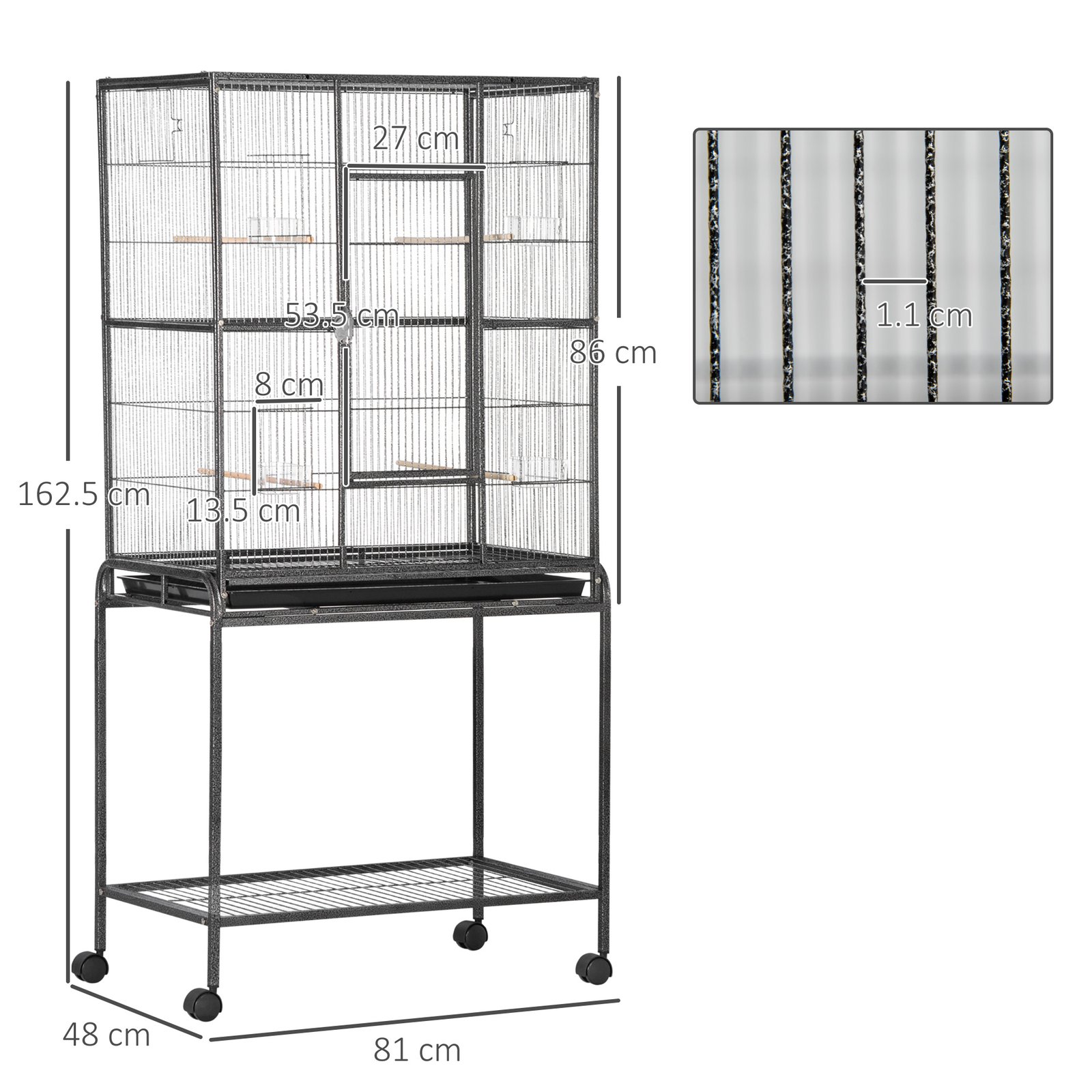 Large Bird Cage Budgie Cage with Stand, Storage Shelf, Wood Perch for Parrot, 81 x 48 x 162.5 cm, Black