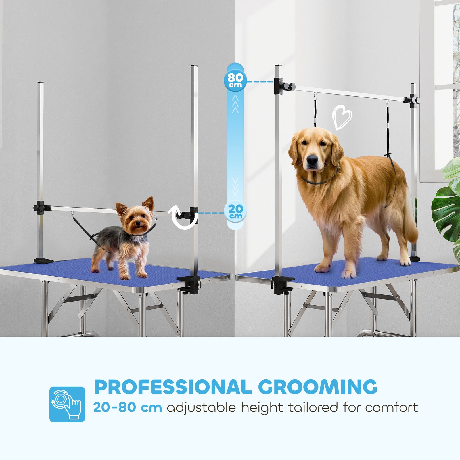 42" Dog Grooming Table, Adjustable Pet Cat Drying Beauty Table with 2 Loops Storage Basket, Rubber Top, Blue