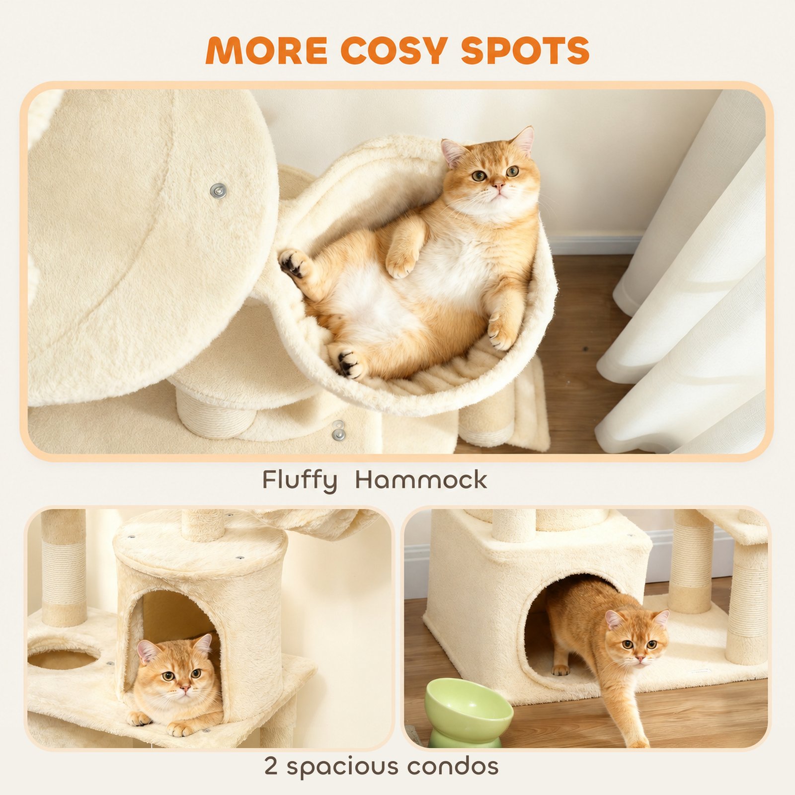 170 cm Large Cat Tree, Cat Tower with 7 Scratching Posts, Tunnel, 2 Condos, Hammock, Perch, Ramp, Pompoms, Beige