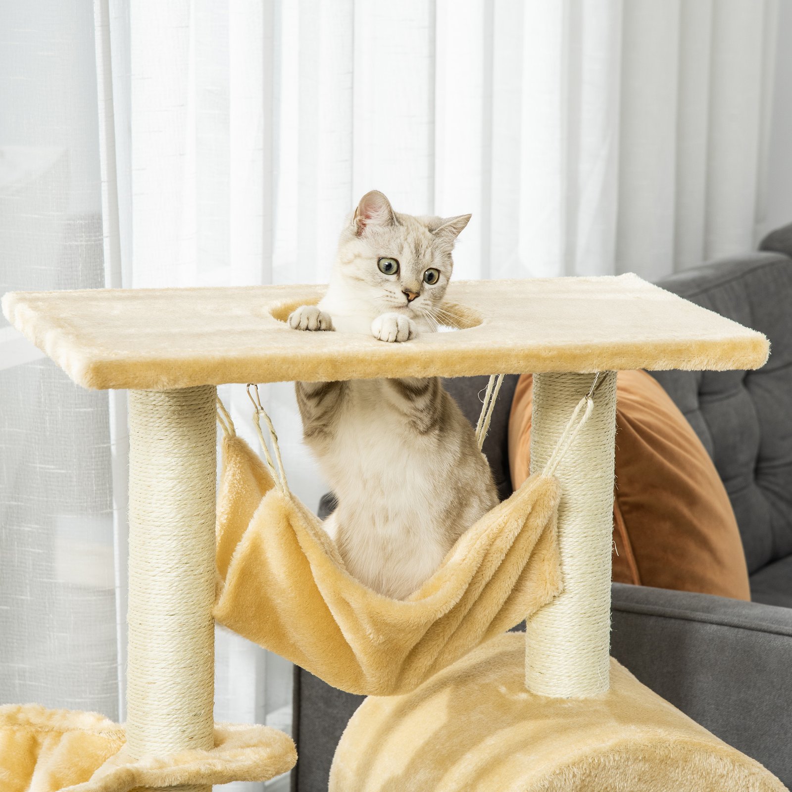 Cat Tree Tower for Indoor Cats Kitten Activity Centre Scratching Post w/ Hammock House Basket Ladder - Beige - Image 7