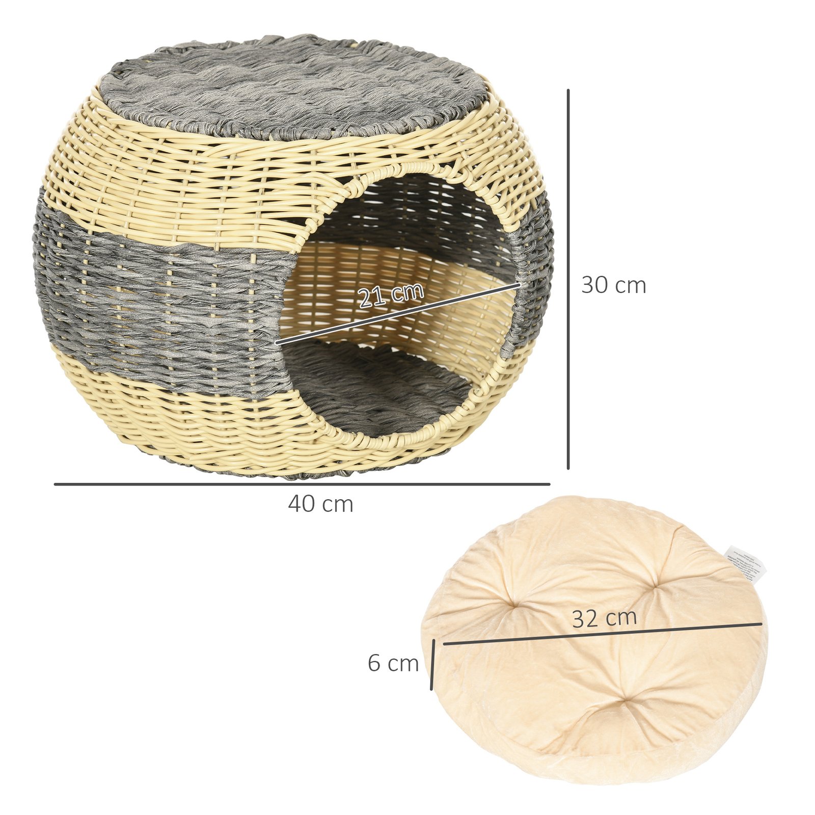 Wicker Cat House, Rattan Raised Cat Bed, Cosy Kitten Cave with Soft Washable Cushion, Φ40 x 30cm - Image 3