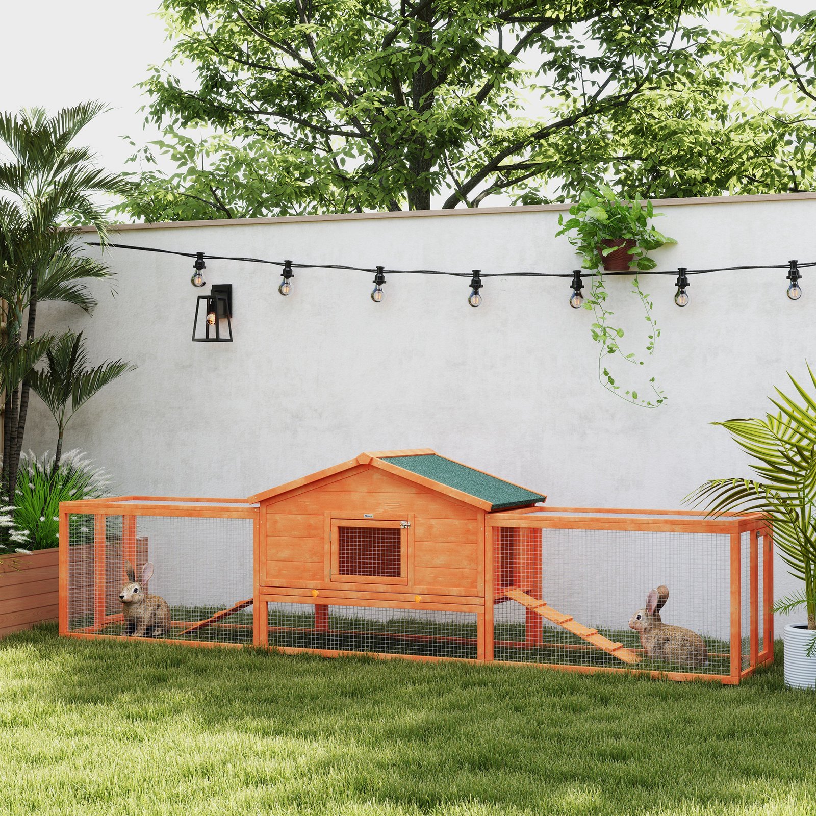 Wooden Rabbit Hutch with Run, Tray, Ramps, Asphalt Roof, 309 x 70 x 87cm, Orange