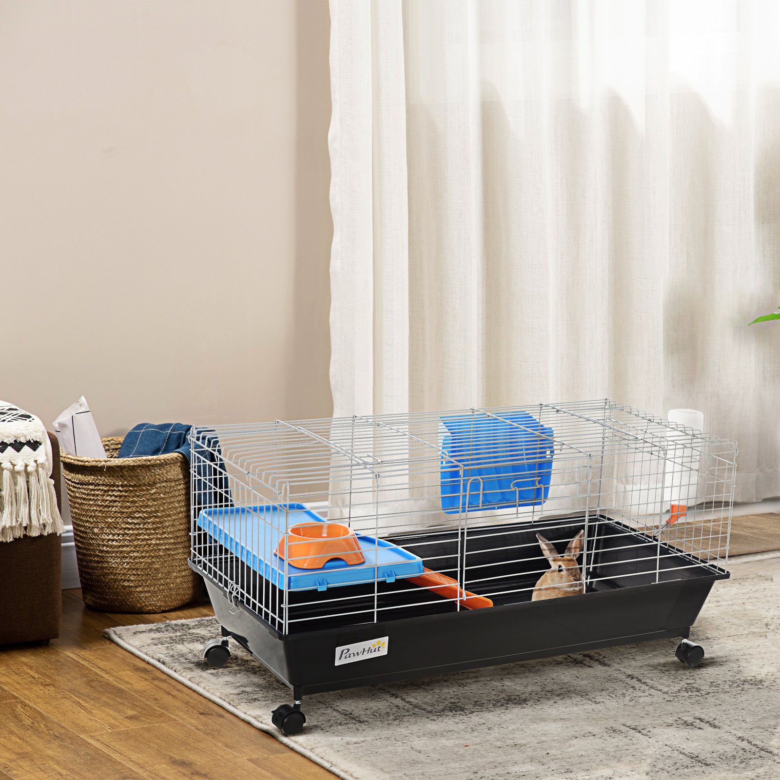 Small Animal Cage Rabbit Guinea Pigs Chinchillas Cage w/ Wheels Water Bottle Food Dish Platform Ramp 89 x 44 x 43 cm Black - Image 9