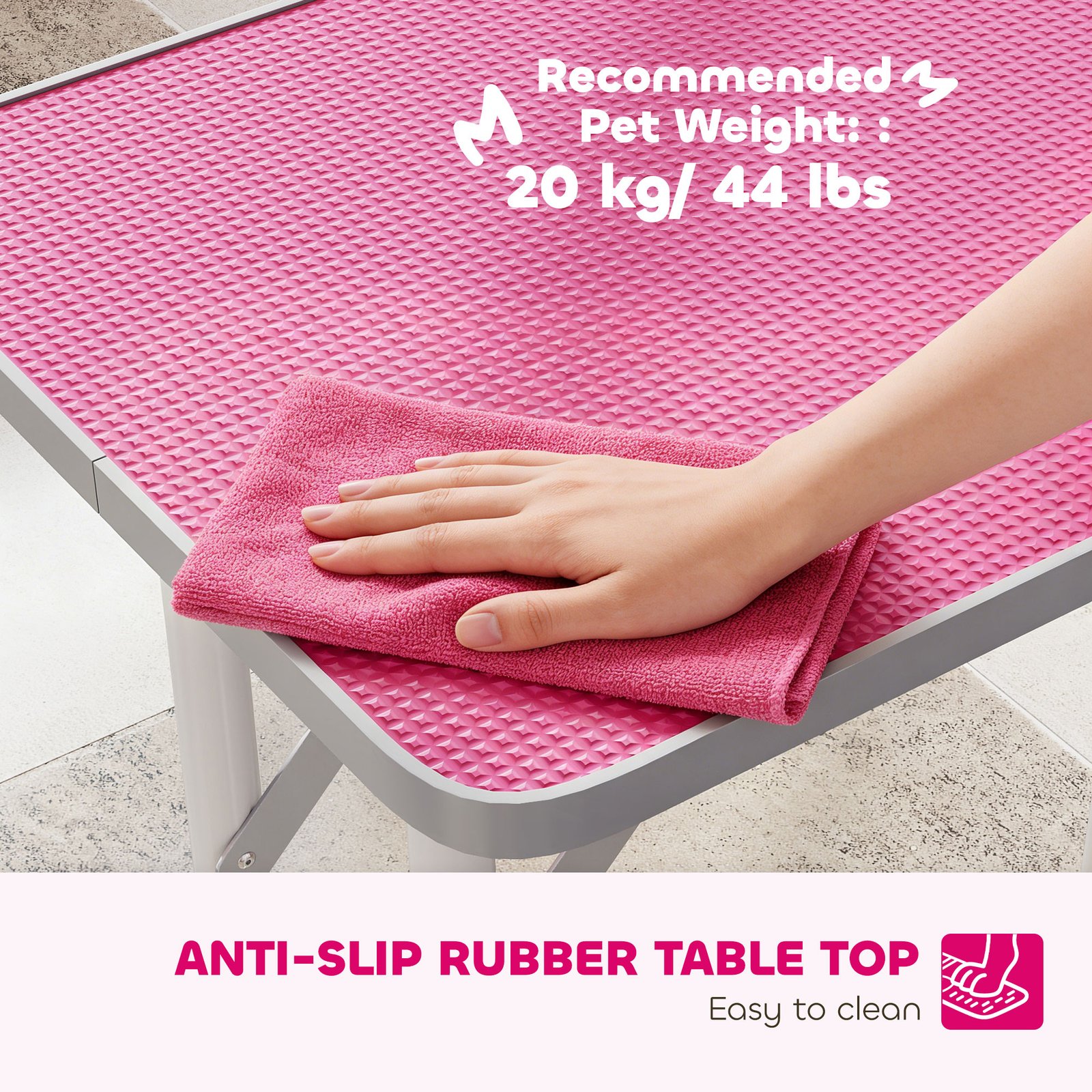 32" Foldable Dog Grooming Table Pet Drying Beauty Table Adjustable Fixed Arm Rubber Top, Pink
