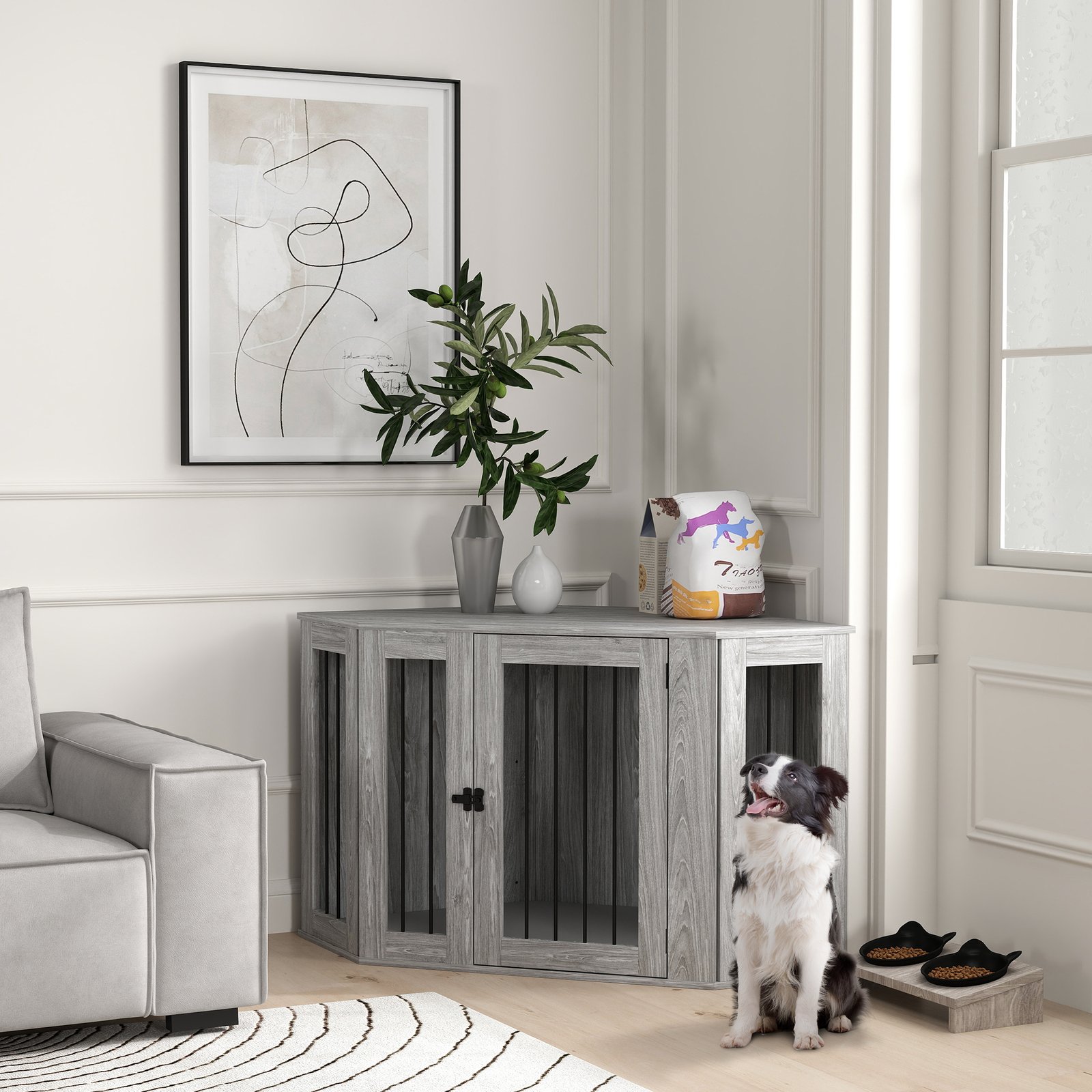 Dog Crate Furniture Side Table, with Cushion, 122 x 61 x 71cm - Grey - Image 9