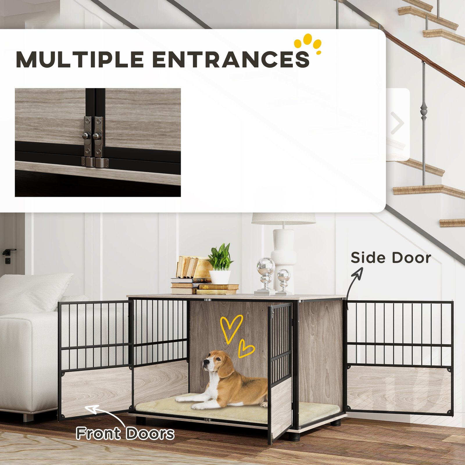 100cm Furniture Style Dog Crate Dog Cage End Table Indoor with 3 Doors Soft Washable Cushion, for Large Sized Dogs