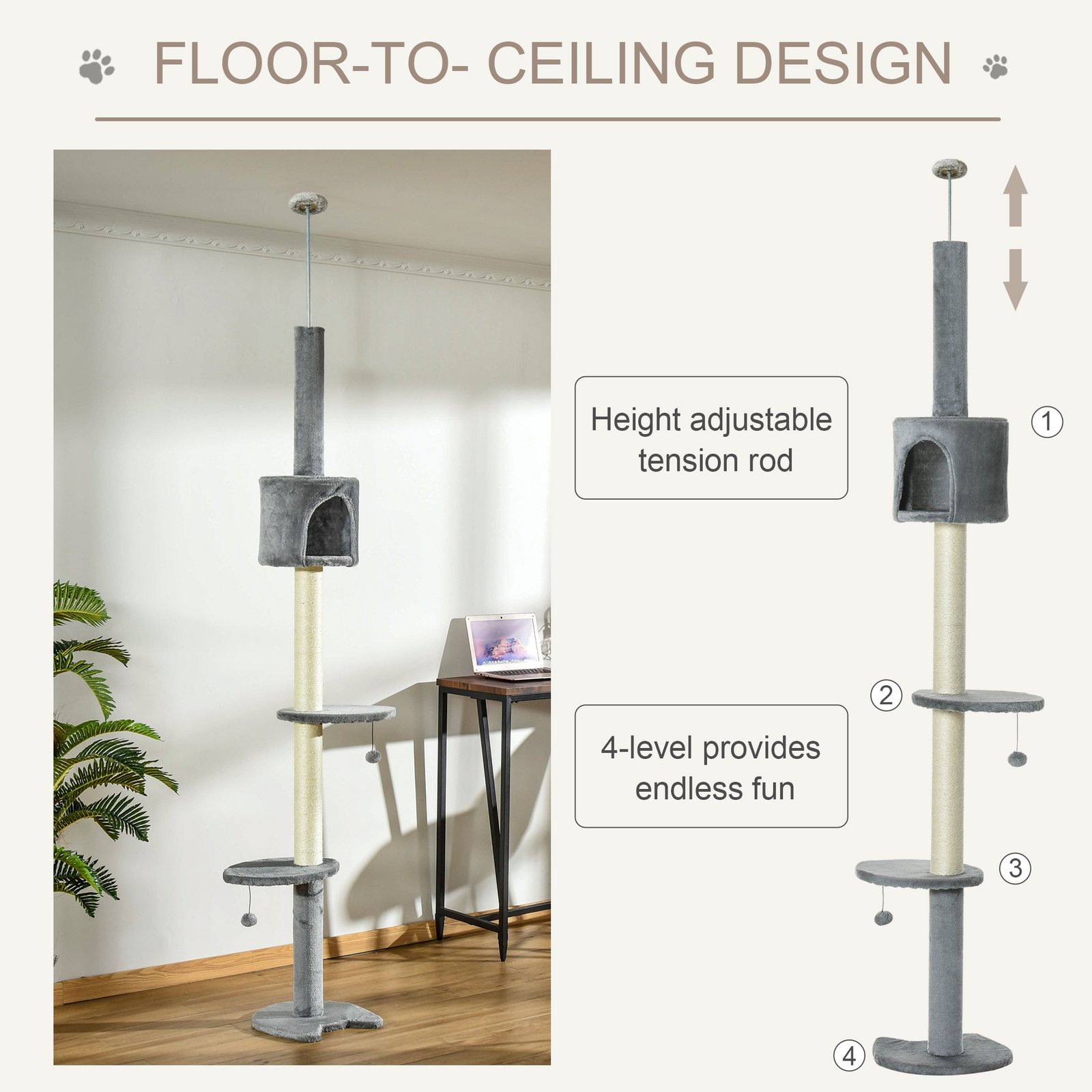 Floor to Ceiling Cat Tree for Indoor Cats, Kitten Tower, Condo, Multi-Layer Activity Center, Indoor Pet Play House with Solid Scratching Post Hanging Balls, Light Grey