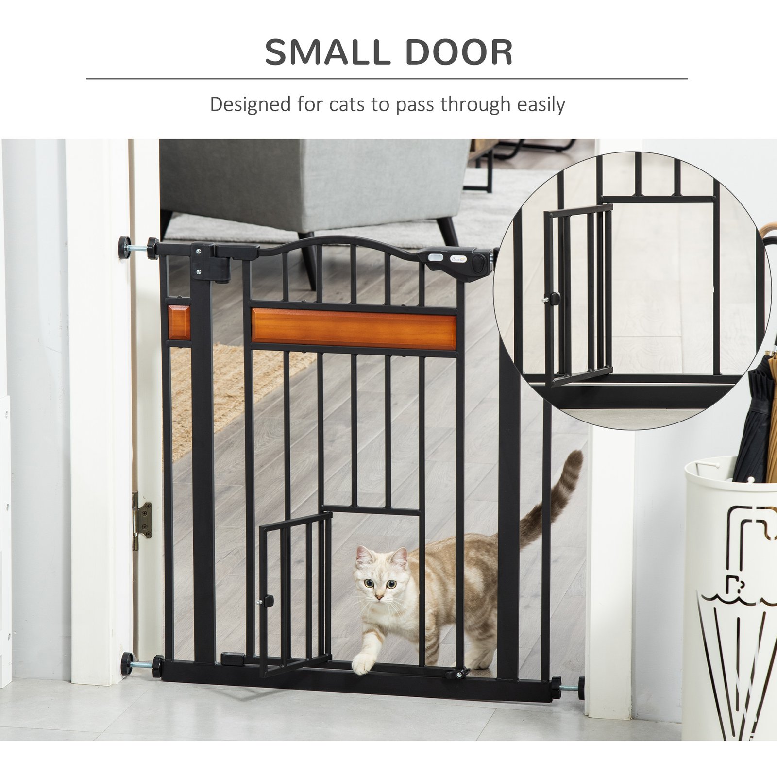 Pet Gate Safety Gate, with Cat Flap, Auto Close, for Staircases, Doorways, Hallways, 74-80cm Wide - Black - Image 7