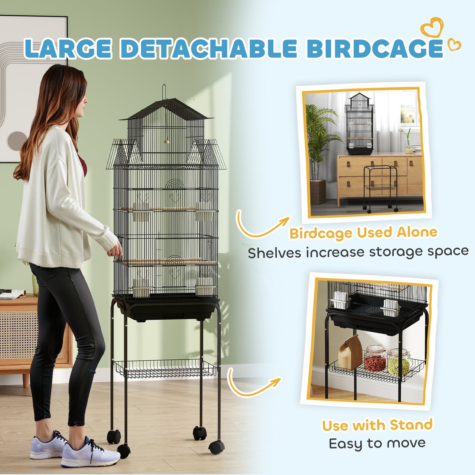 Metal Bird Cage with Plastic Swing, Perch, Food Container, Tray, Handle, for Finches, Canaries, Budgies, 43 x 32.5 x 163 - Image 8