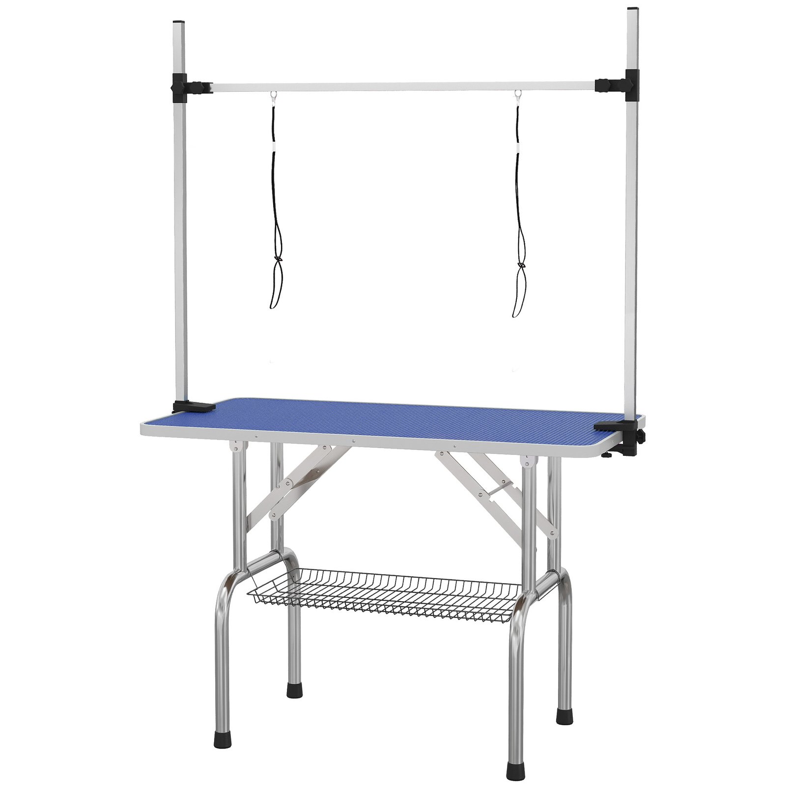 42" Dog Grooming Table, Adjustable Pet Cat Drying Beauty Table with 2 Loops Storage Basket, Rubber Top, Blue