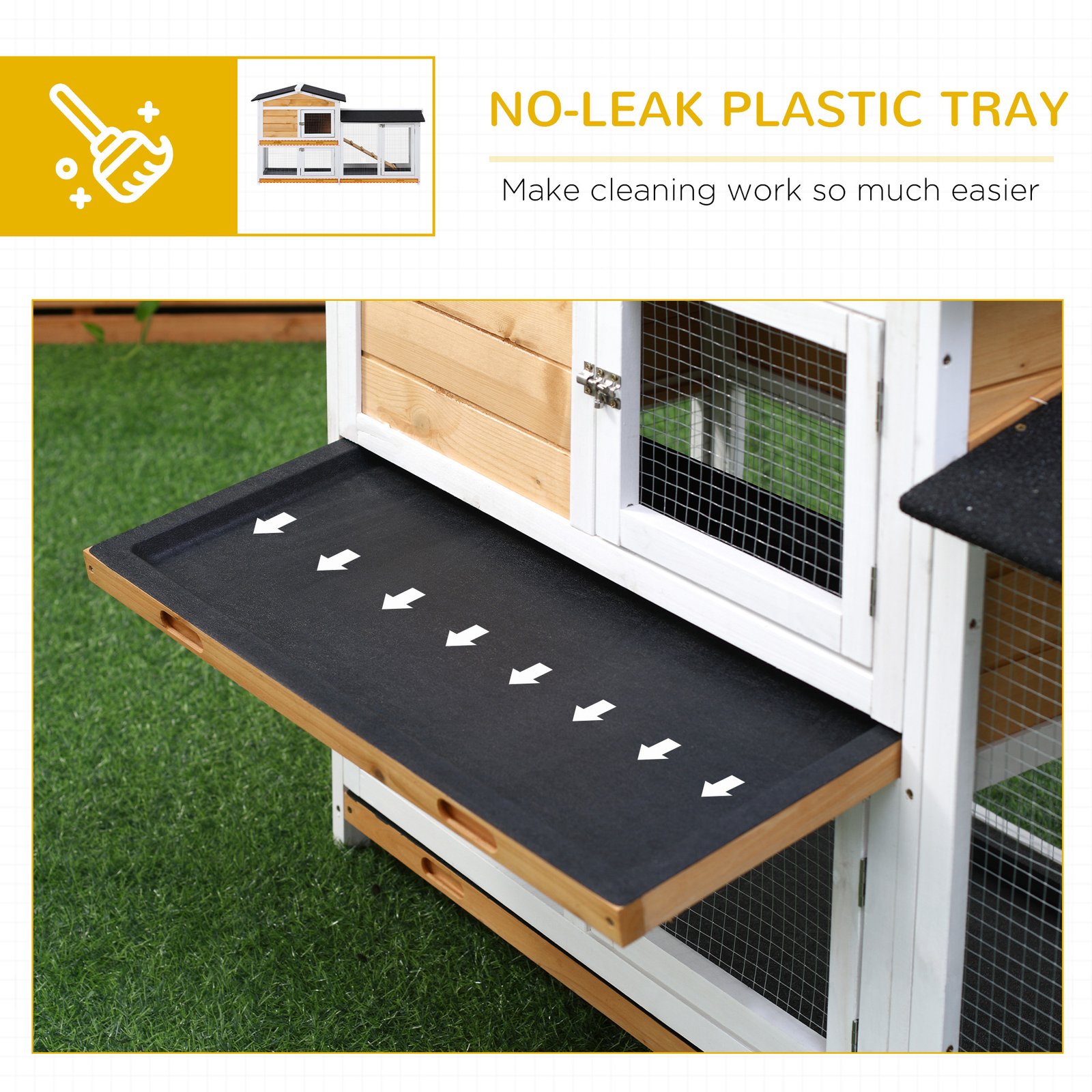 Rabbit Hutch Guinea Pig Hutch Wooden House with Run, 2 Tier Pet Cage Outdoor with No-leak Plastic Trays, 157.4 x 53 x 93.5cm, Yellow
