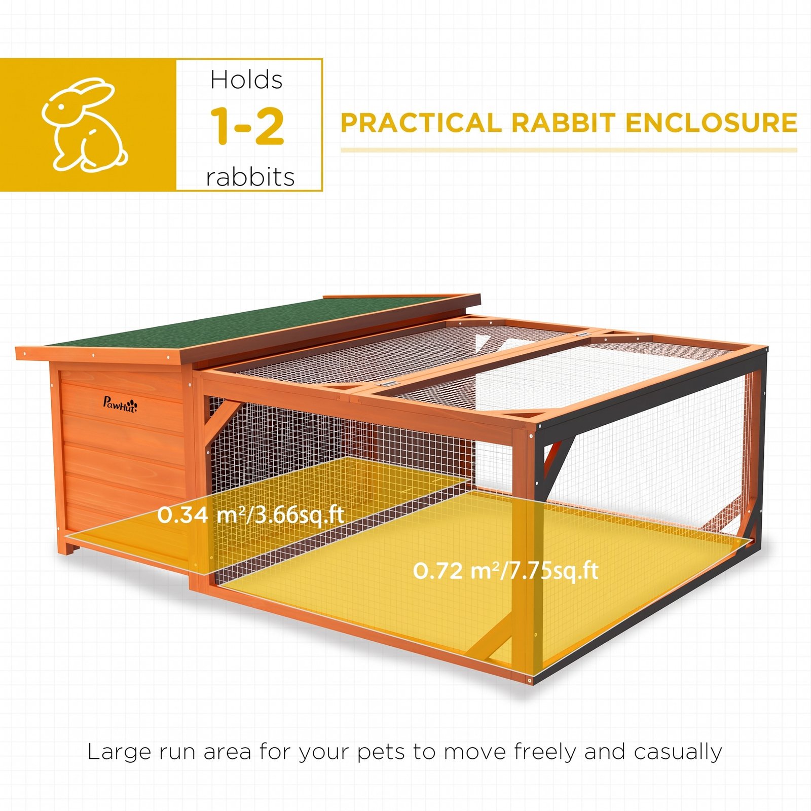 Rabbit Hutch Outdoor Guinea Pig Hutch with Run Small Animal Off-ground Duck House Hideaway Garden with Openable Roof 125.5 x 100 x 49cm Orange