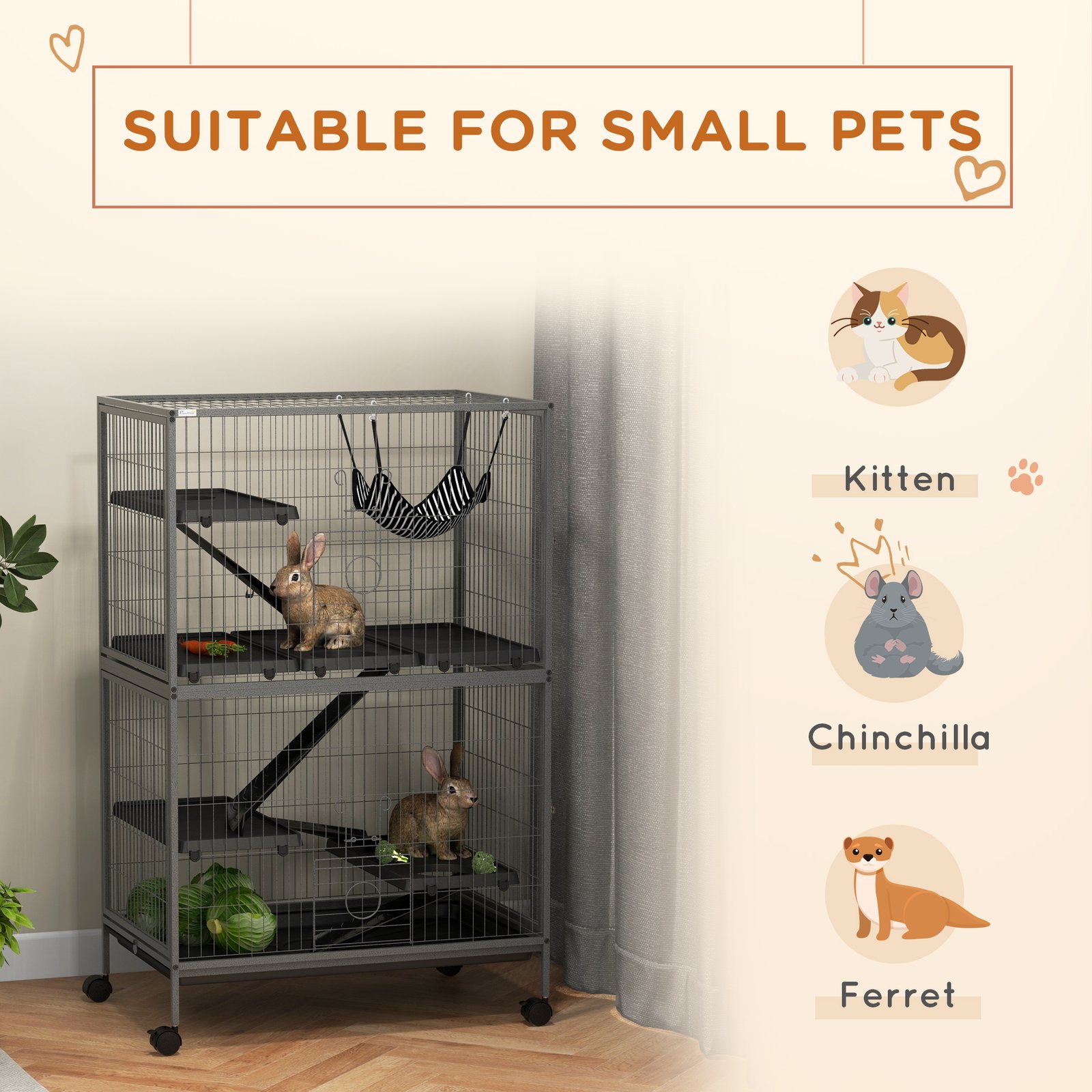 Small Animal Cage for Chinchilla Ferret Kitten on Wheels with Hammock Removable Tray, Grey - Image 4