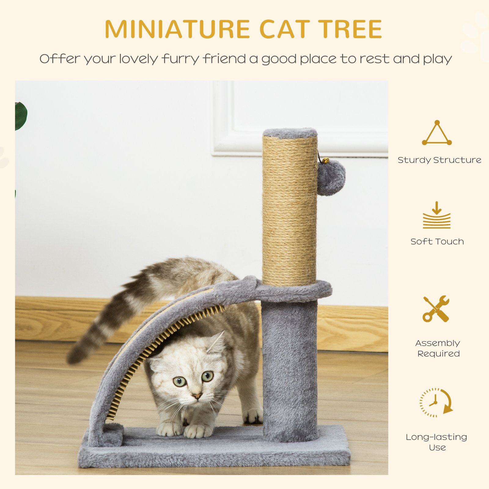 Cat Tree for Indoor Cats Climbing Activity Center Kitten Tower Furniture with Jute Post Scratching Massage Board Hanging Ball with Bell 34 x 24 x 43cm Grey - Image 4