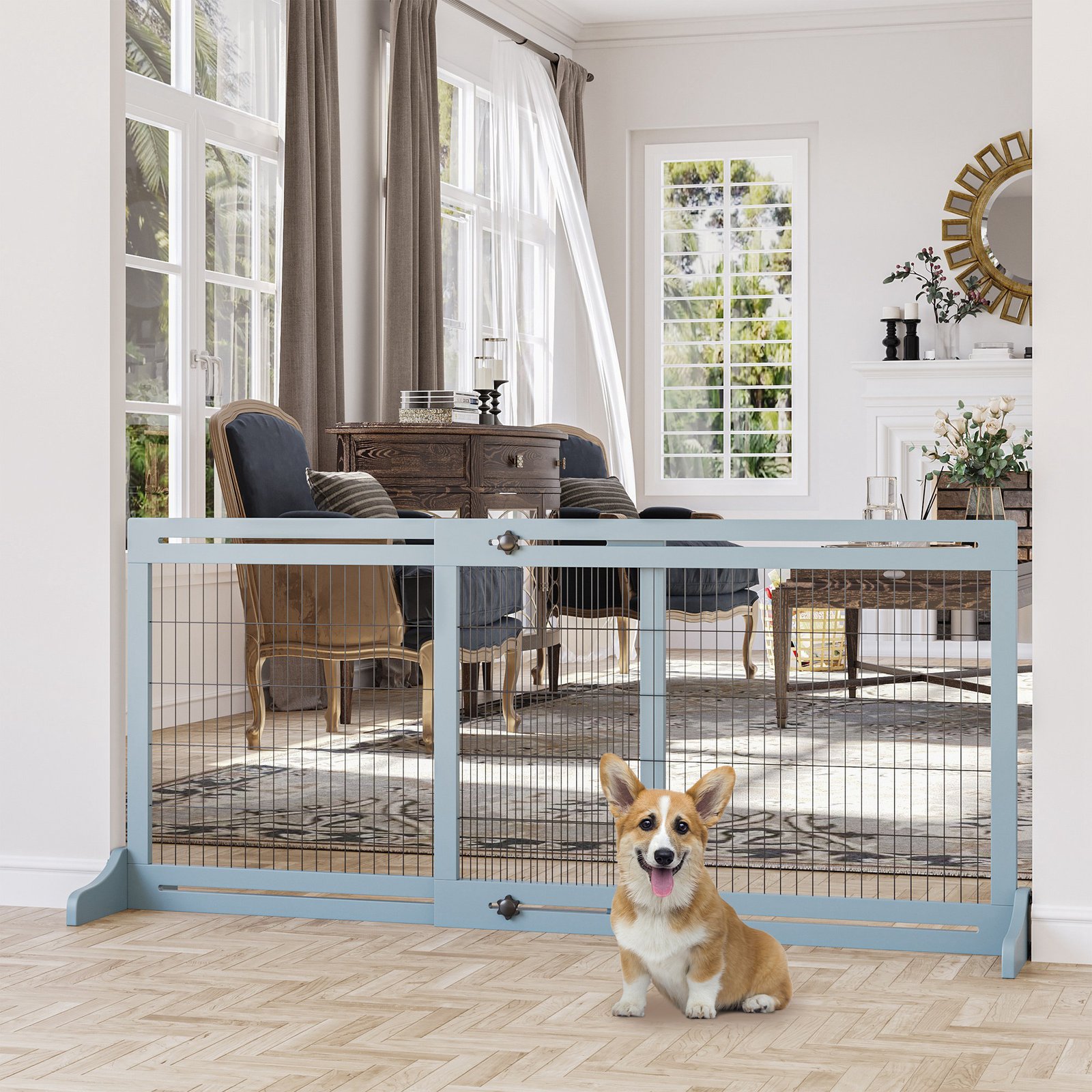 Freestanding Dog Gate, Foldable Pet Fence, Indoor Wood Barrier, Stair Gate with Support Feet, for Doorway, Hallway, Small and Medium Dogs, 69H x 104-180 cm, Blue-grey