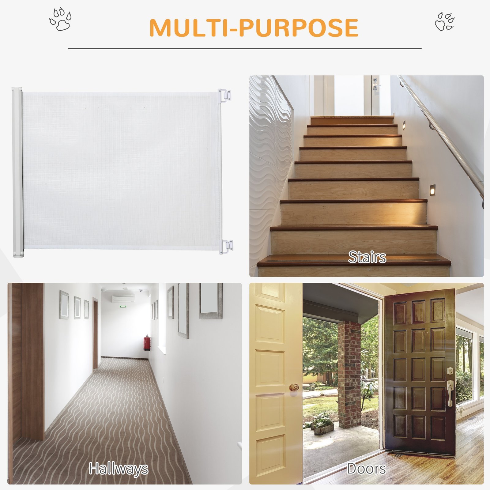 Retractable Stair Gate, Dog Pet Barrier, for Doorway, Staircase, Hallway - White