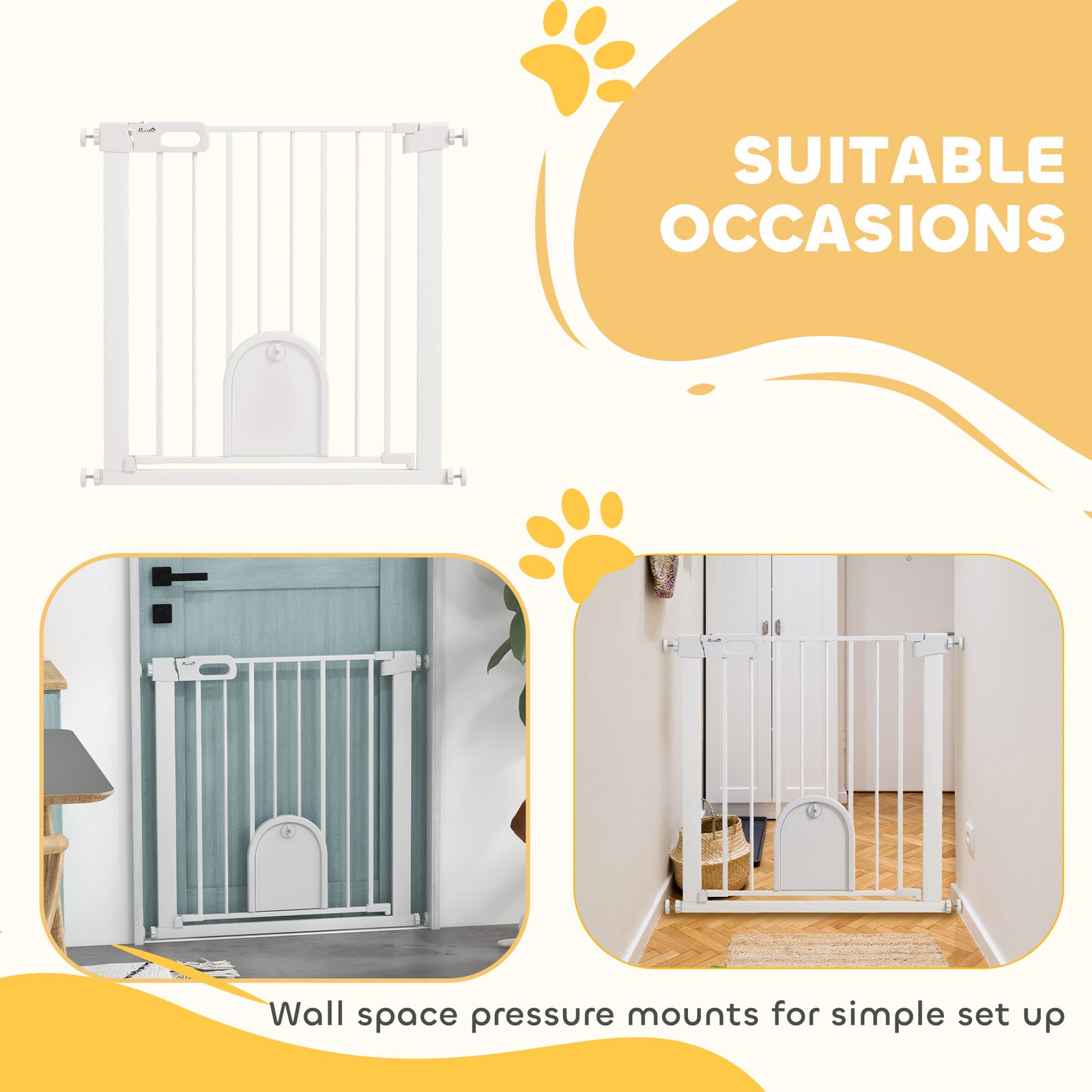75-82cm Pet Safet Gaye, Pressure Fit Stair, with Cat Flap, Double Locking, White - Image 8