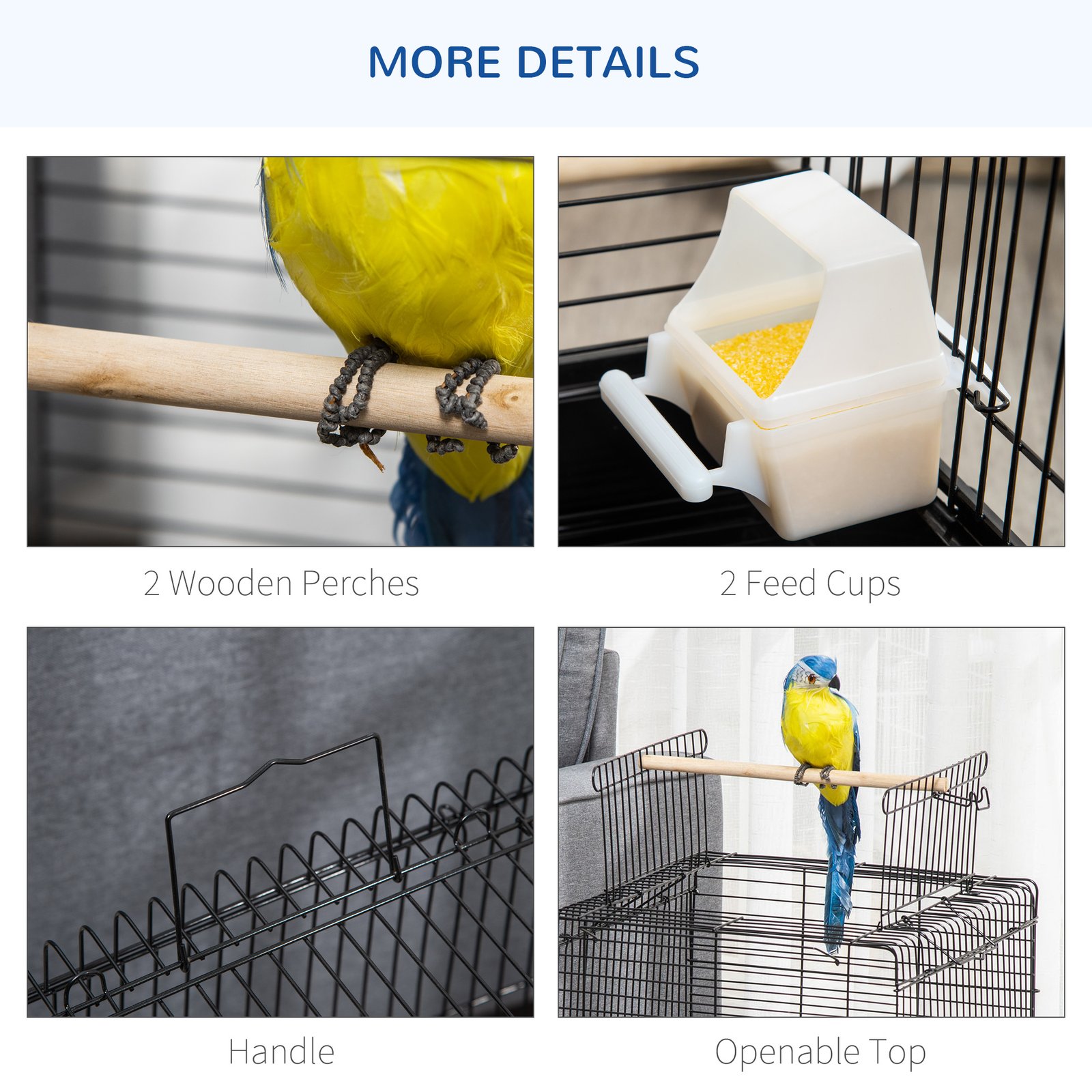 Steel Bird Cage with Openable Top, Stand, Tray, Handles, Feeding Bowls for Parakeet Cockatiel - Black - Image 7