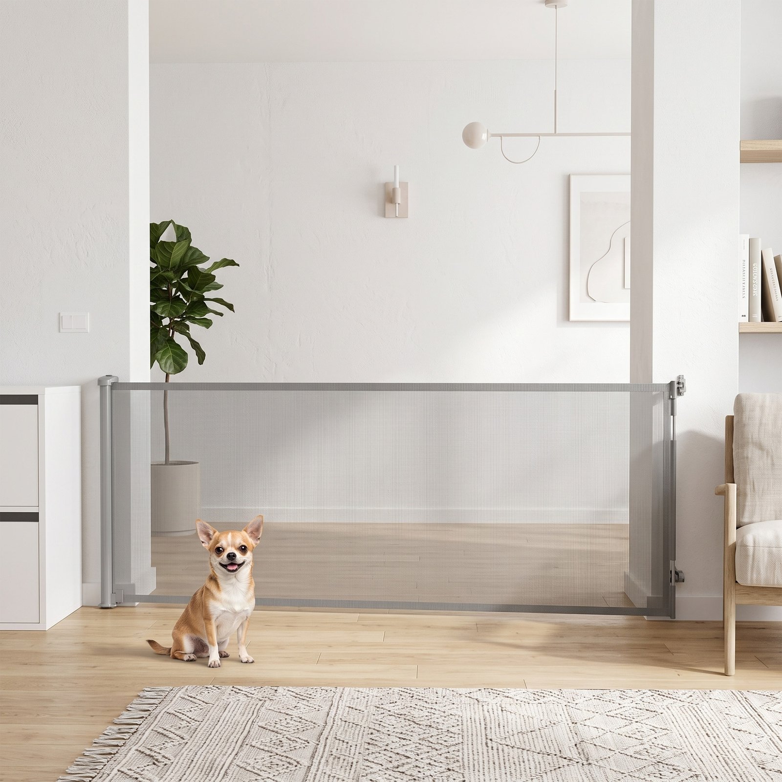 Retractable Dog Gate, Extends to 300 cm Wide & 104 cm Tall, Mesh Pet Gate Single Hand Operation, for Stairs Doorways