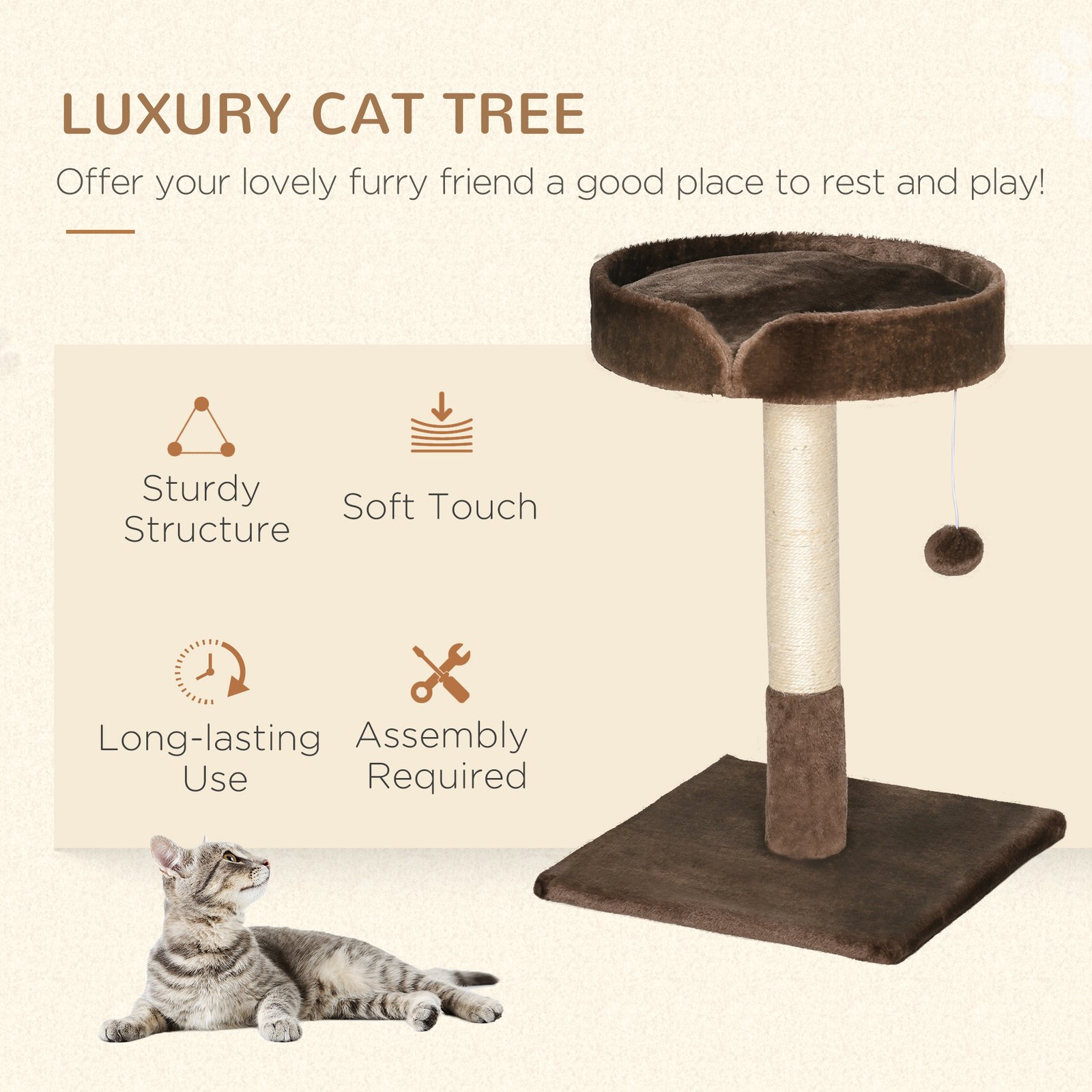 Small Cat Tree for Indoor Cats with Sisal Scratching Post Kitten Bed Cushion Ball Toy, Brown, 45x45x70 cm - Image 4