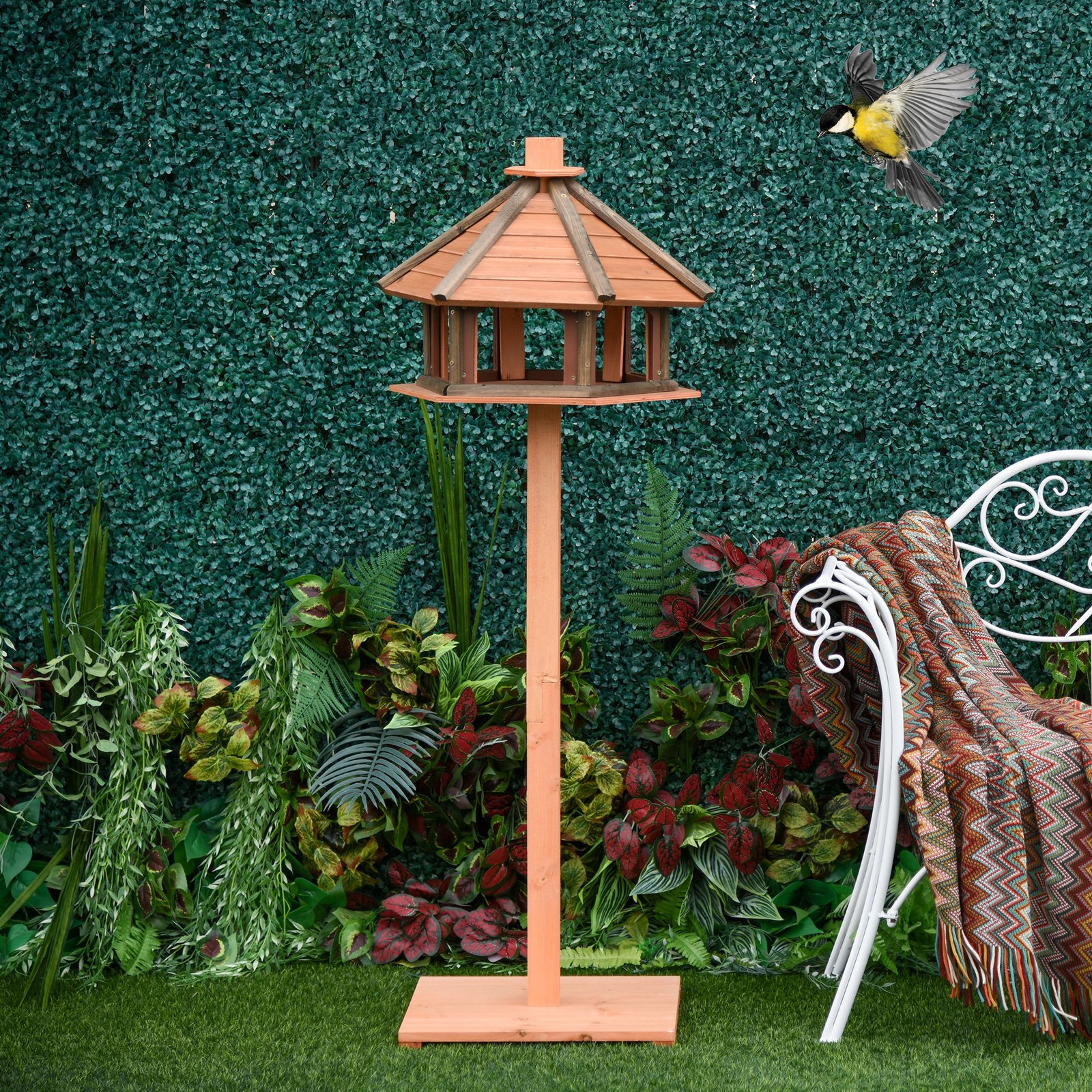 130cm Wooden Bird Table, Feeding Station with Roof for Outdoor, Brown