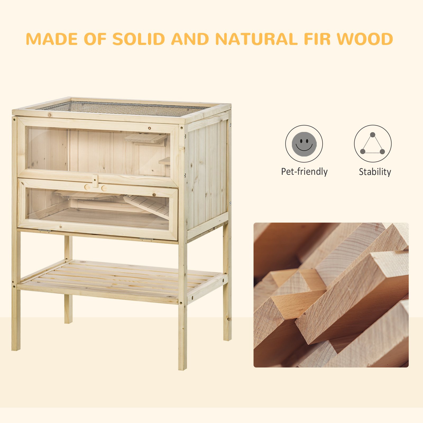 Wooden Hamster Cage with Storage Shelf, Small Animal Exercise Play Enclosure Gerbil Cage with Openable Top, Ramp for Gerbils, Drawf Hamsters, 60 x 40 x 80 cm - Natural
