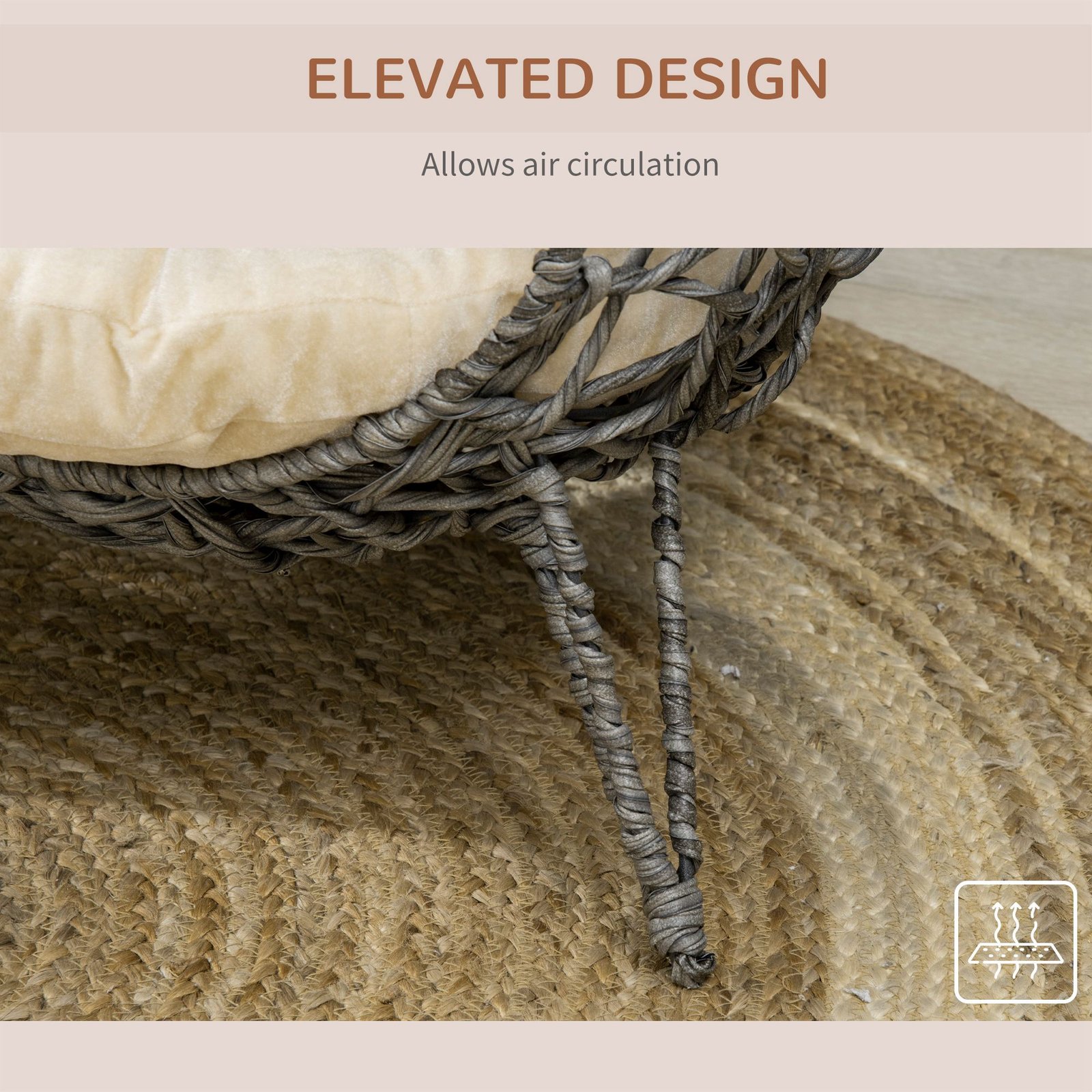 Rattan Elevated Cat Bed House Kitten Basket Ball Shaped Pet Furniture w/ Removable Cushion - Silver-Tone and Grey - Image 7