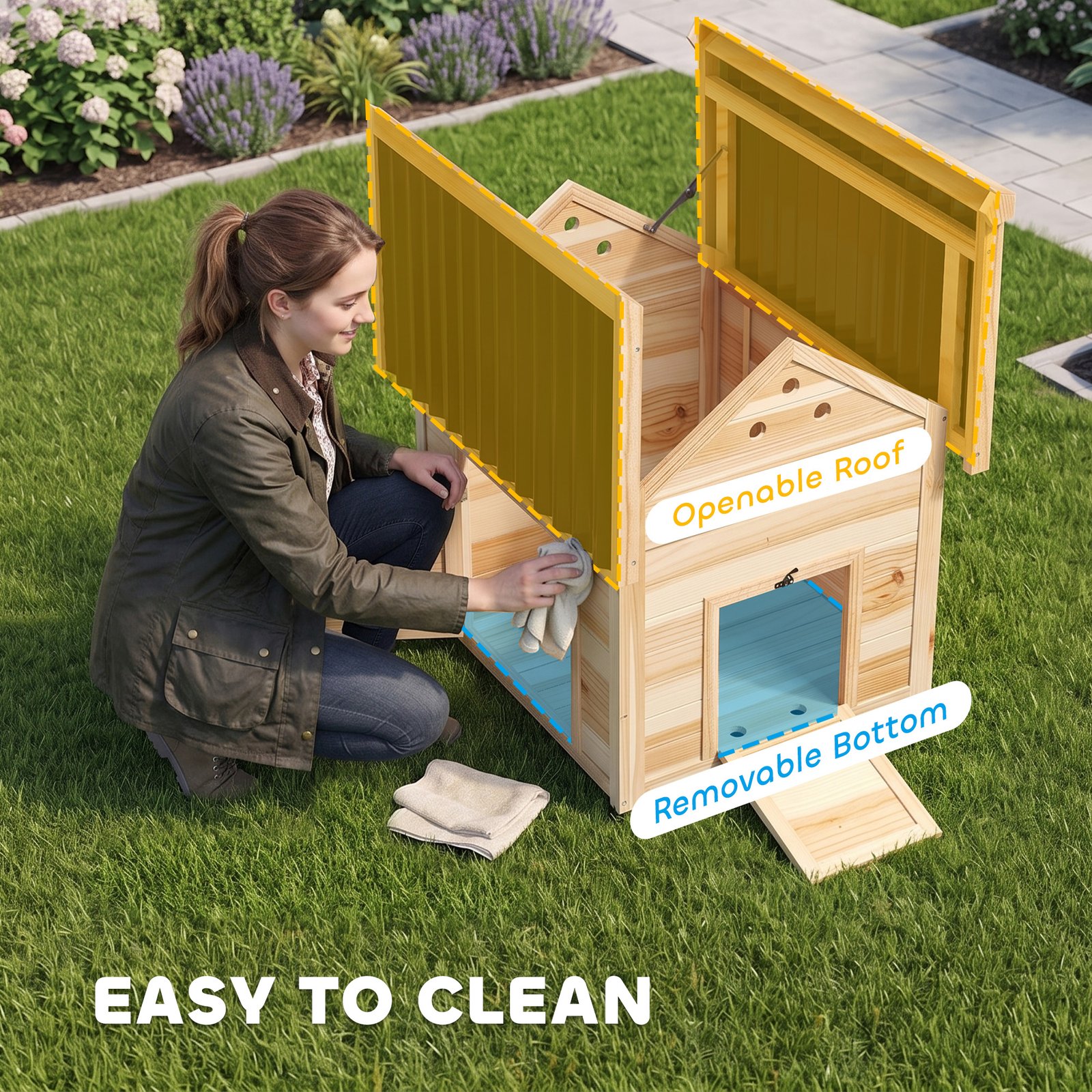 Wooden Duck House with Double Doors, Openable Roof, Ventilation Holes, Removable Base, Natural Wood Finish