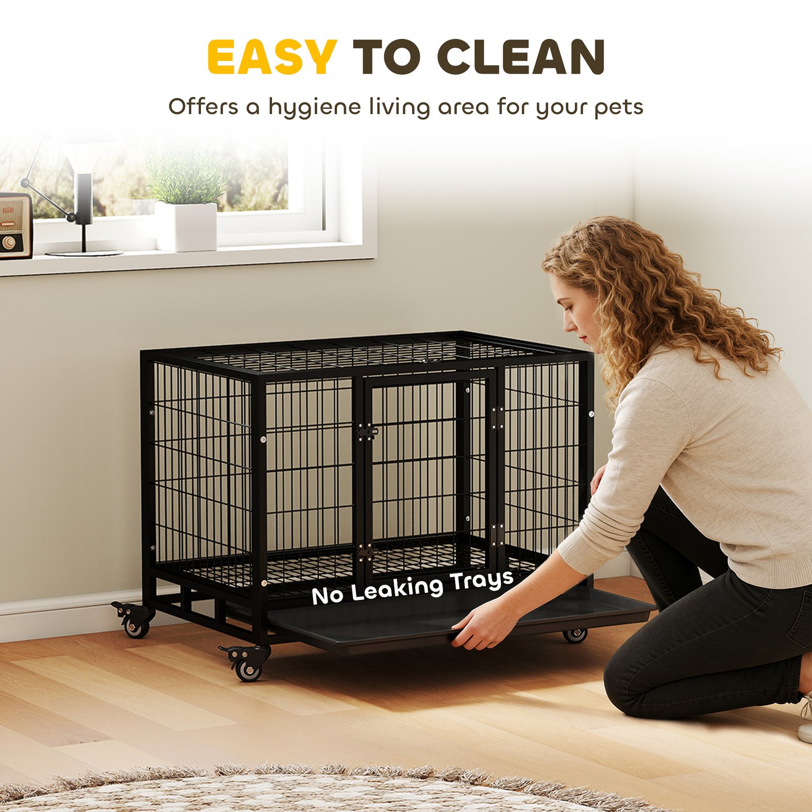 36" Heavy Duty Metal Dog Crate Pet Cage with Tray Wheeled Dog Kennel - Black (Medium) - Image 6