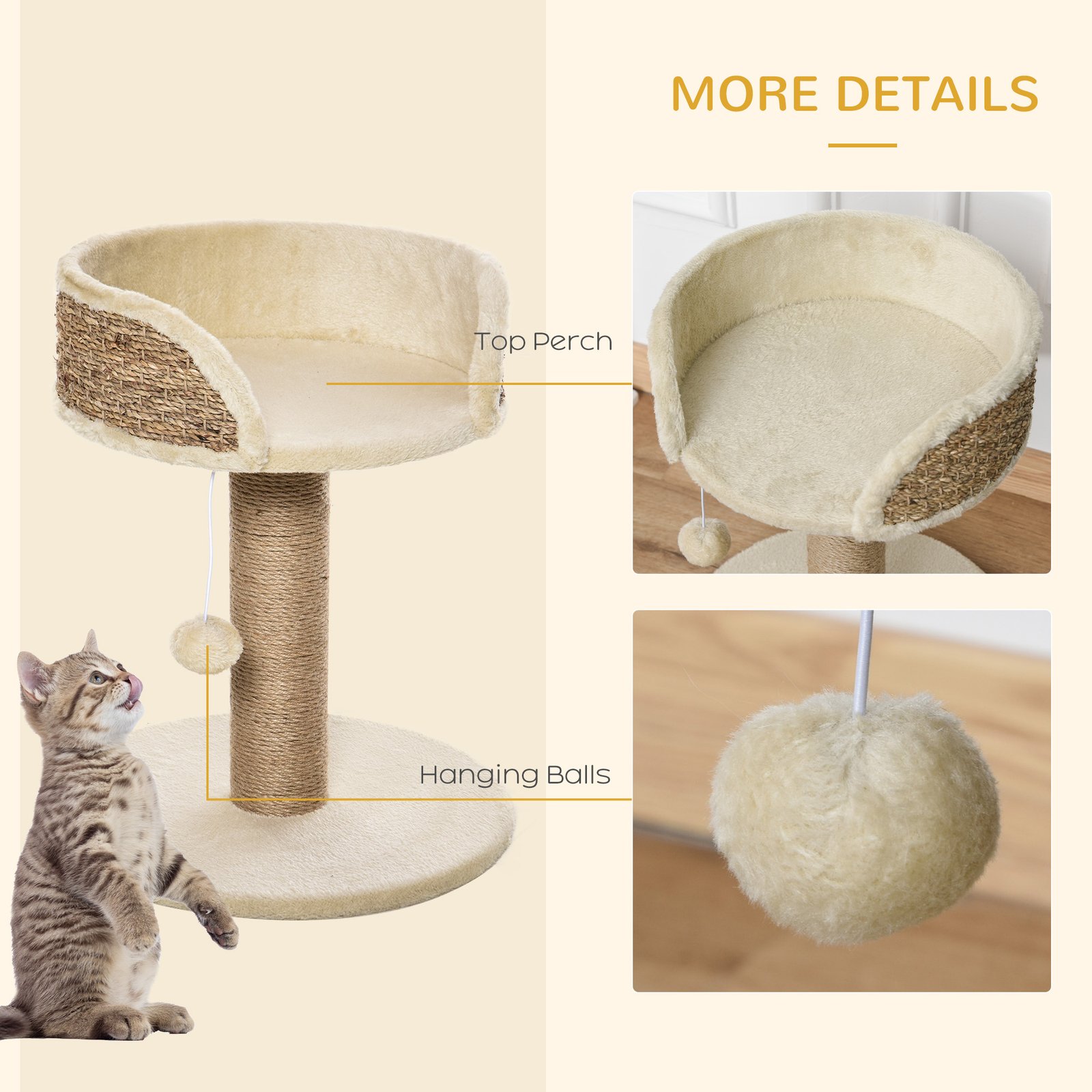 Cat Tree Cat Scratching Post for Indoor Cats Kitten Play Tower Activity Centre Climbing Stand with Dangling Ball Beige - Image 5