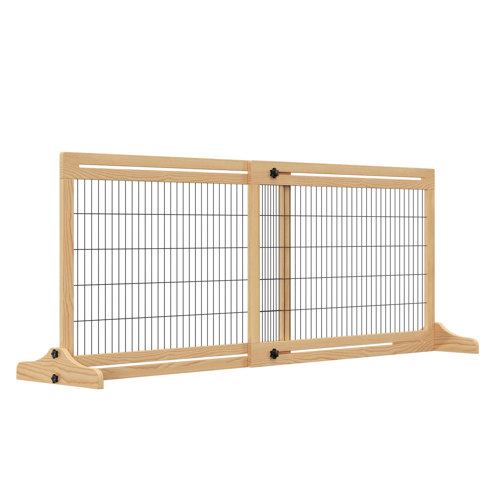 Freestanding Dog Gate, Foldable Pet Fence, Indoor Wood Barrier, Stair Gate with Support Feet, for Doorway, Hallway, Small and Medium Dogs, 69H x 104-180 cm, Natural Wood Finish