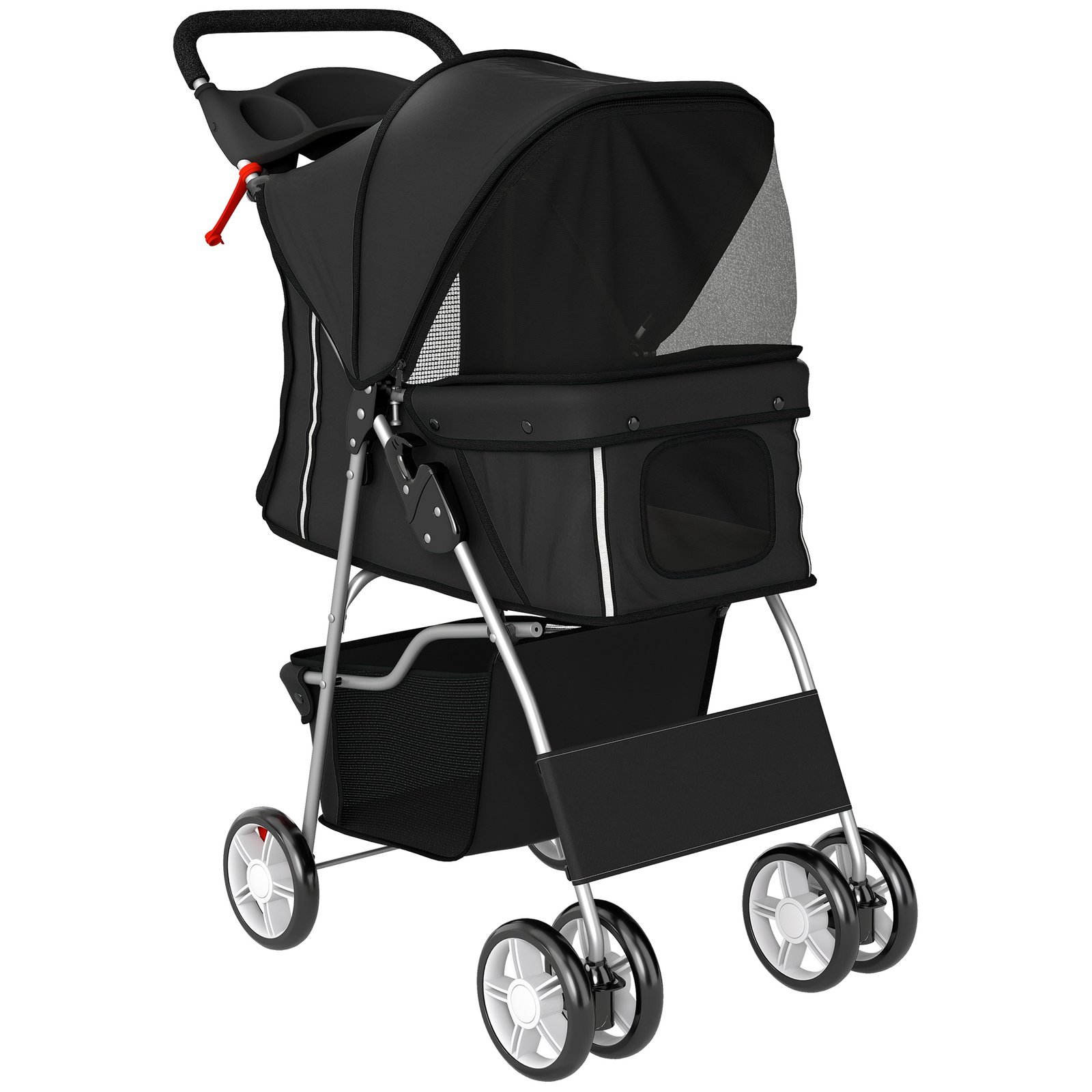 Dog Pram, Pet Stroller with Reflective Strips, Foldable Cat Stroller with 360° Swivel Wheels, Black
