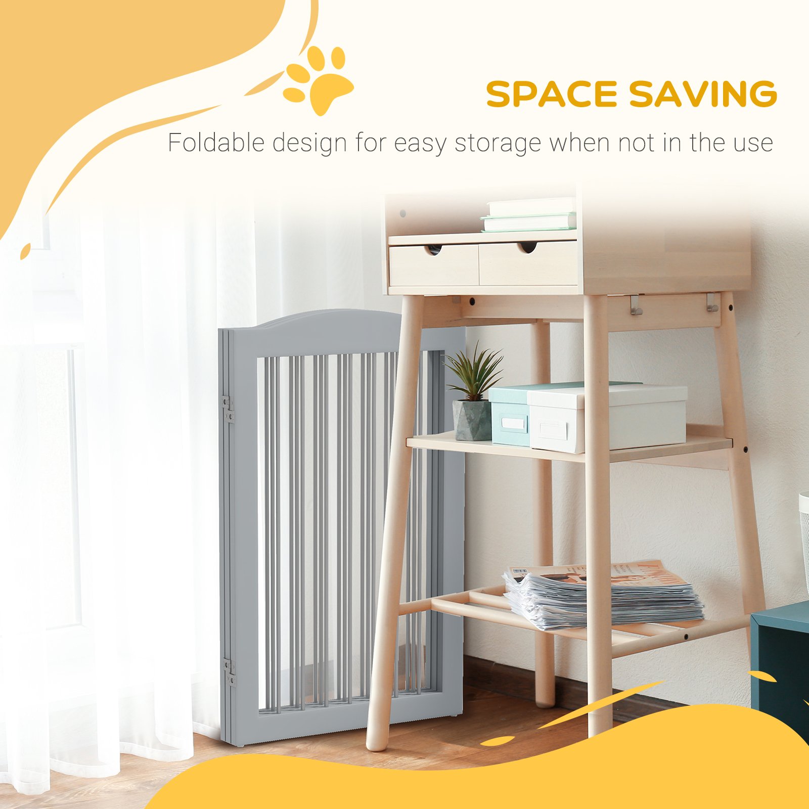 Foldable Dog Gate, Freestanding Pet Gate, with Two Support Feet, for Staircases, Hallways, Doorways - Grey - Image 5