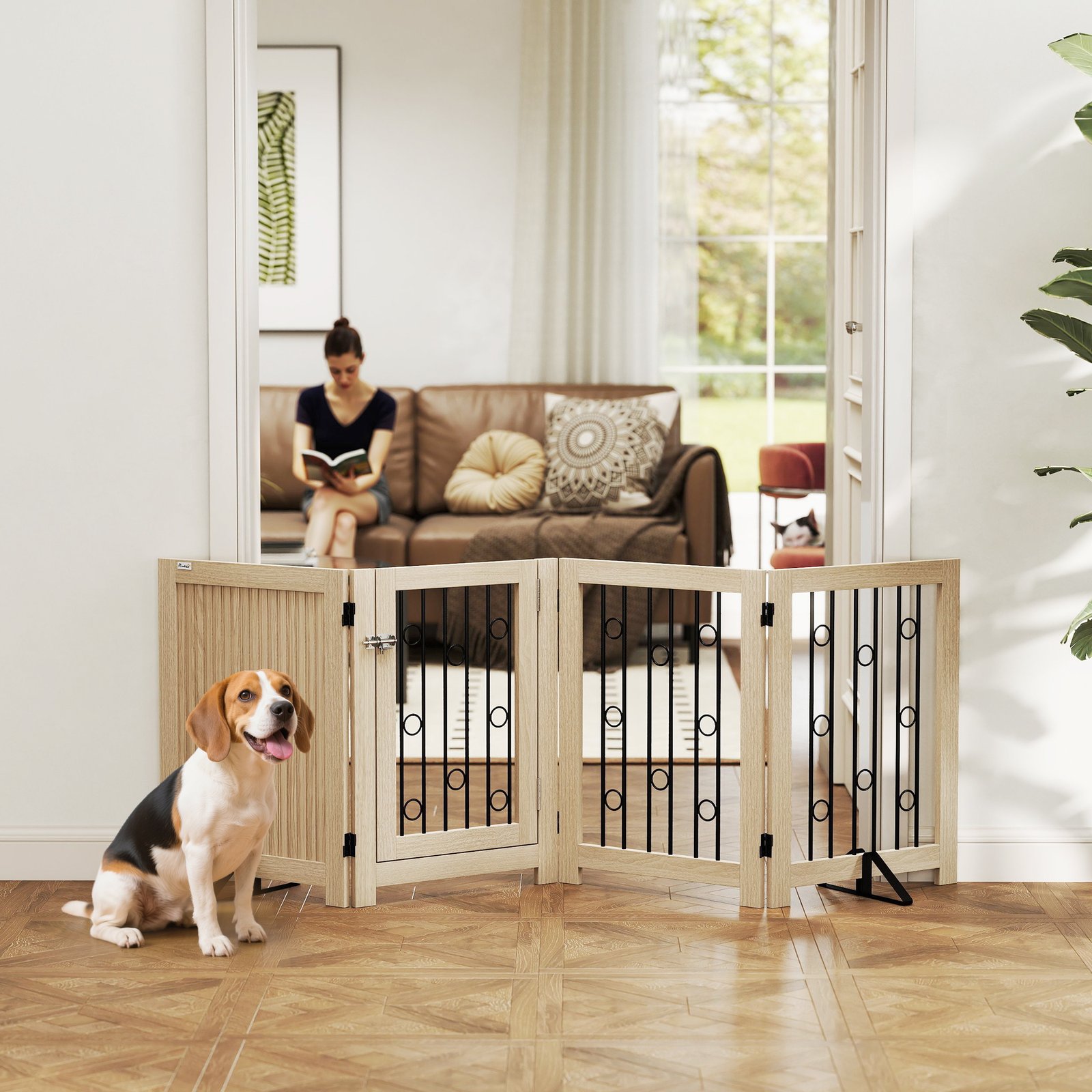 4 Panel Freestanding Pet Gate, Indoor Dog Barrier with Lockable Door, Support Feet, 360° Flexible Hinges, Oak