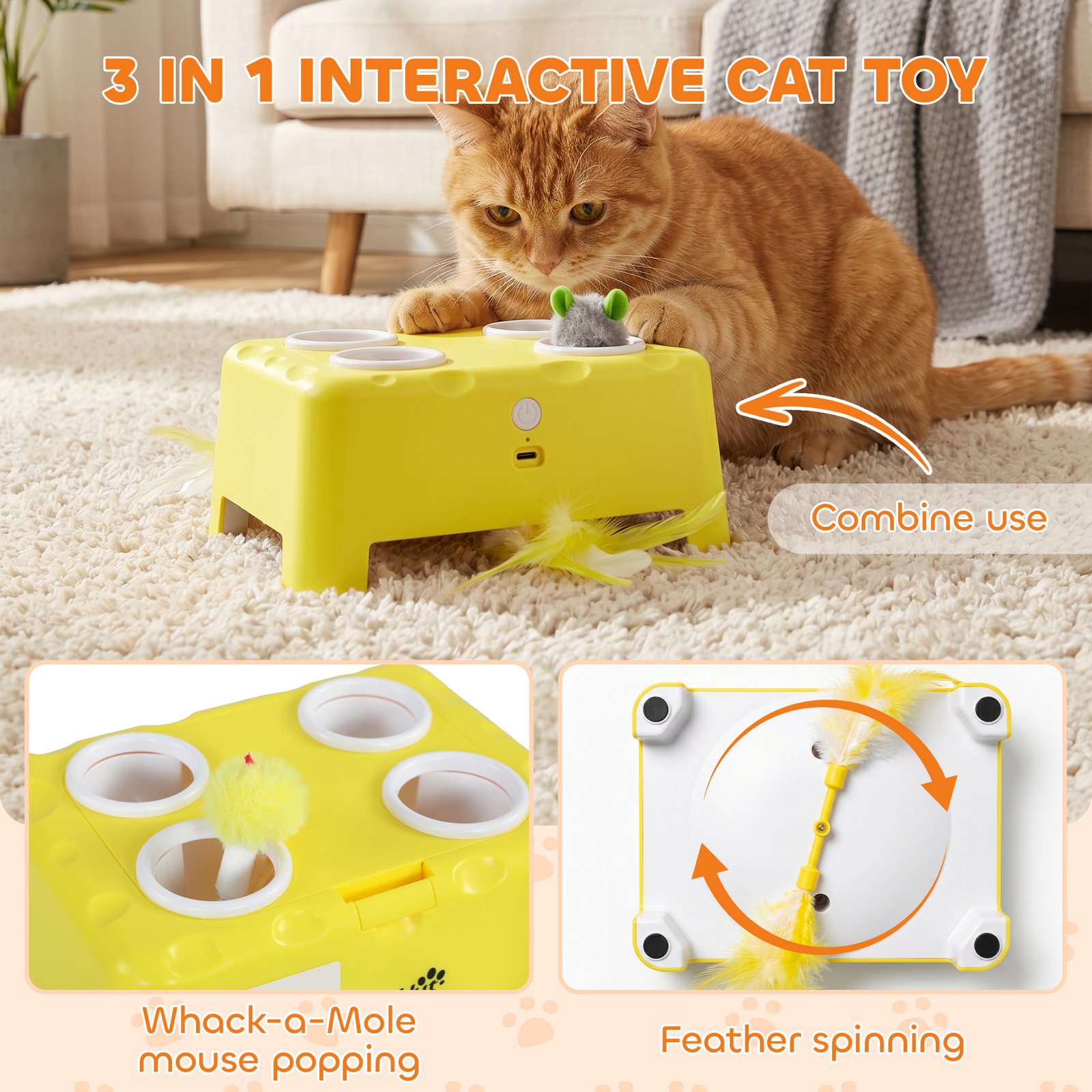 3 in 1 Interactive Cat Toys with Mouse & Feather Teaser Toy Rechargeable Automatic for Indoor Kittens & Adult Cats - Image 3