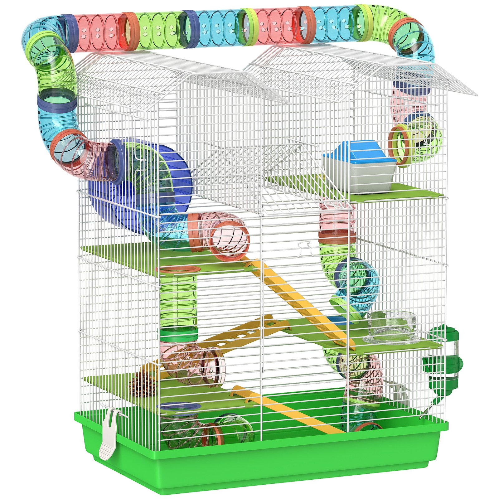Hamster Cage, 5 Tier Carrier Habitat with Exercise Wheels Tunnel Tube Water Bottle Dishes House Ladder, Gerbil Cage for Dwarf Mice, Green
