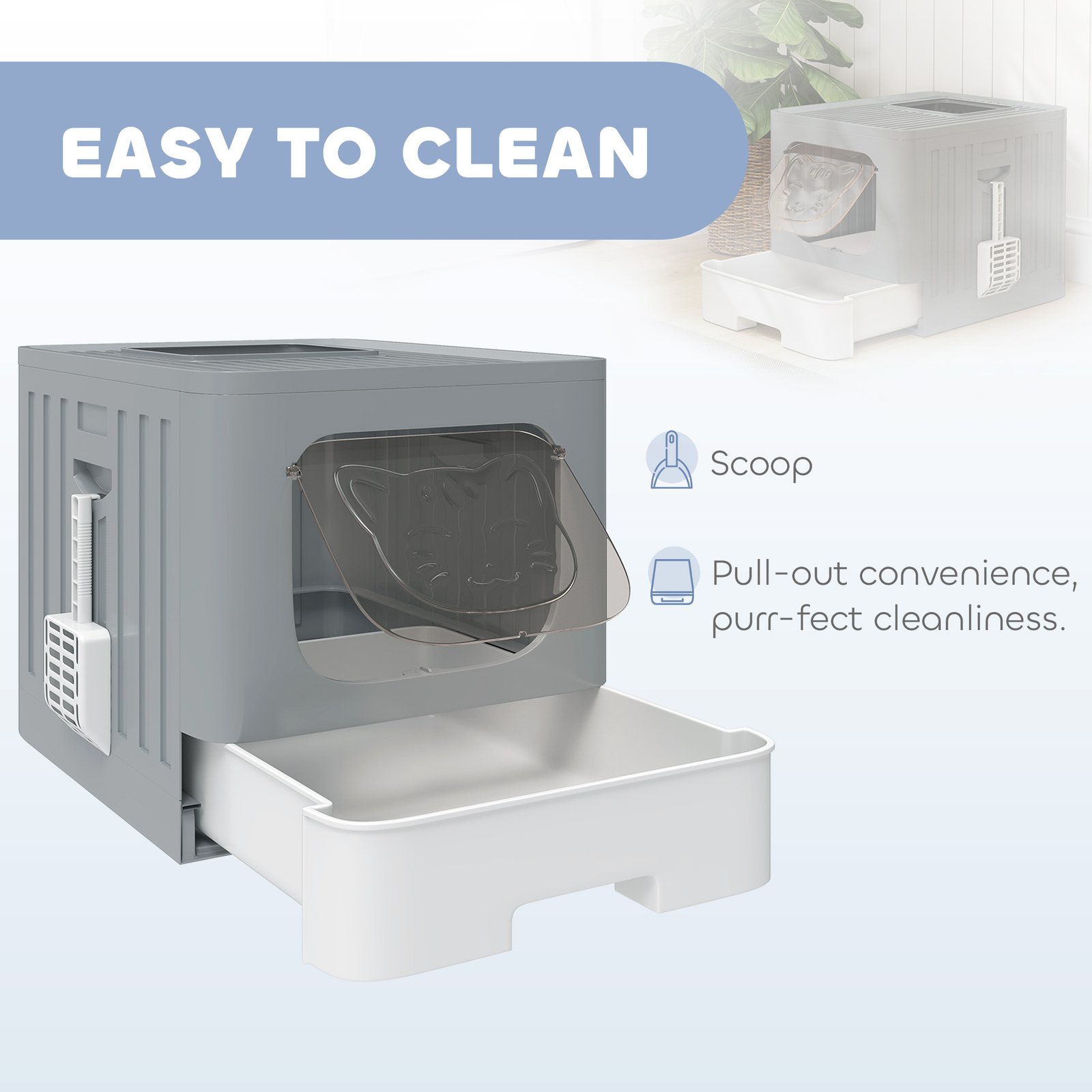 Cat Litter Box with Lid, Slide-Out Drawer, Scoop, Easy Clean, Odour Control, Anti-Splashing, Grey