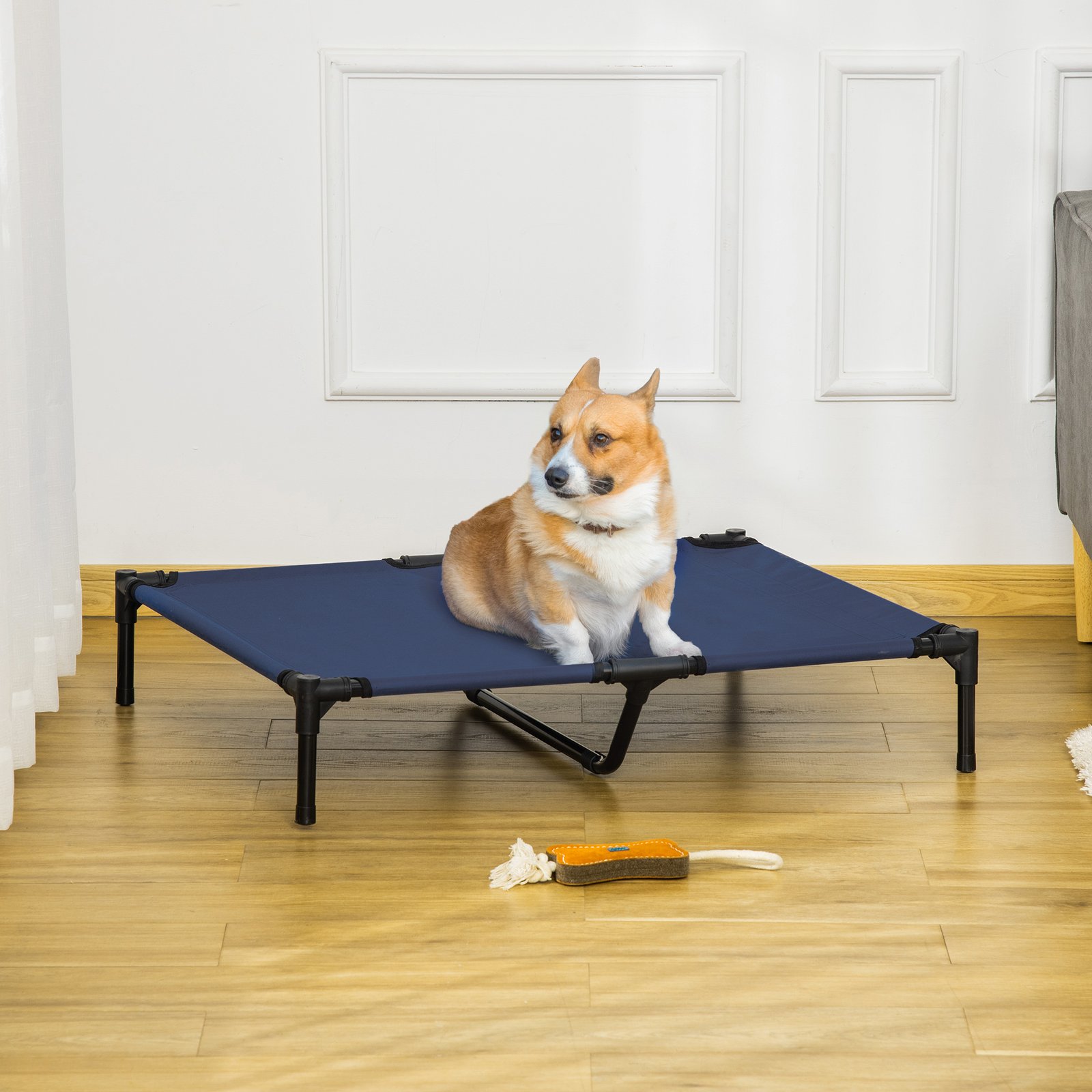 Raised Dog Bed Cat Elevated Lifted Portable Camping w/ Metal Frame Blue (Large)