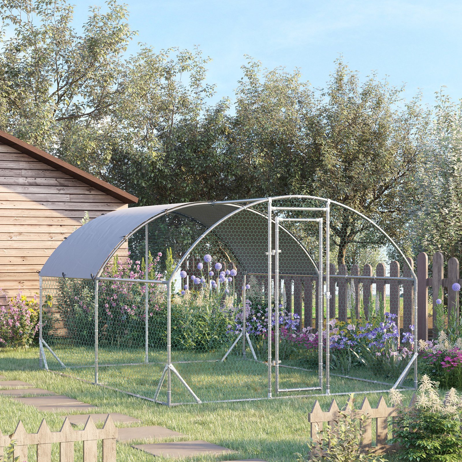 2.8 x 3.8 x 2m Walk In Chicken Run Galvanised Chicken Coop with Water-Resist Cover, Silver