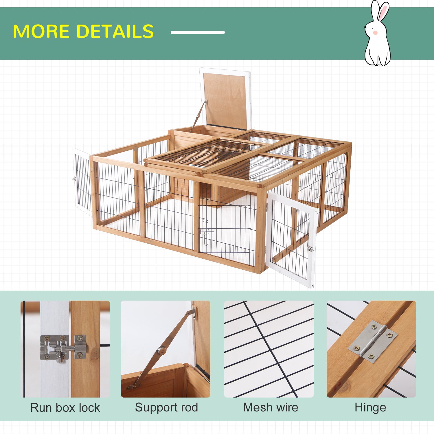 Rabbit Hutch Outdoor, Guinea Pig House, Bunny Run Cage with Openable Top for 1–2 Rabbits, 123 x 120 x 52cm, Yellow - Image 6