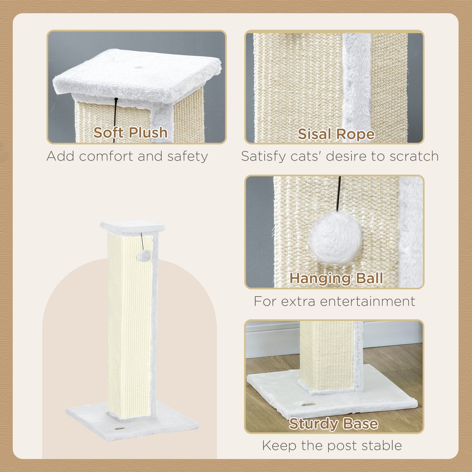 81cm Cat Scratcher, Vertical Full Scratcher w/ Natural Sisal Rope, Hanging Ball, Soft Plush - White