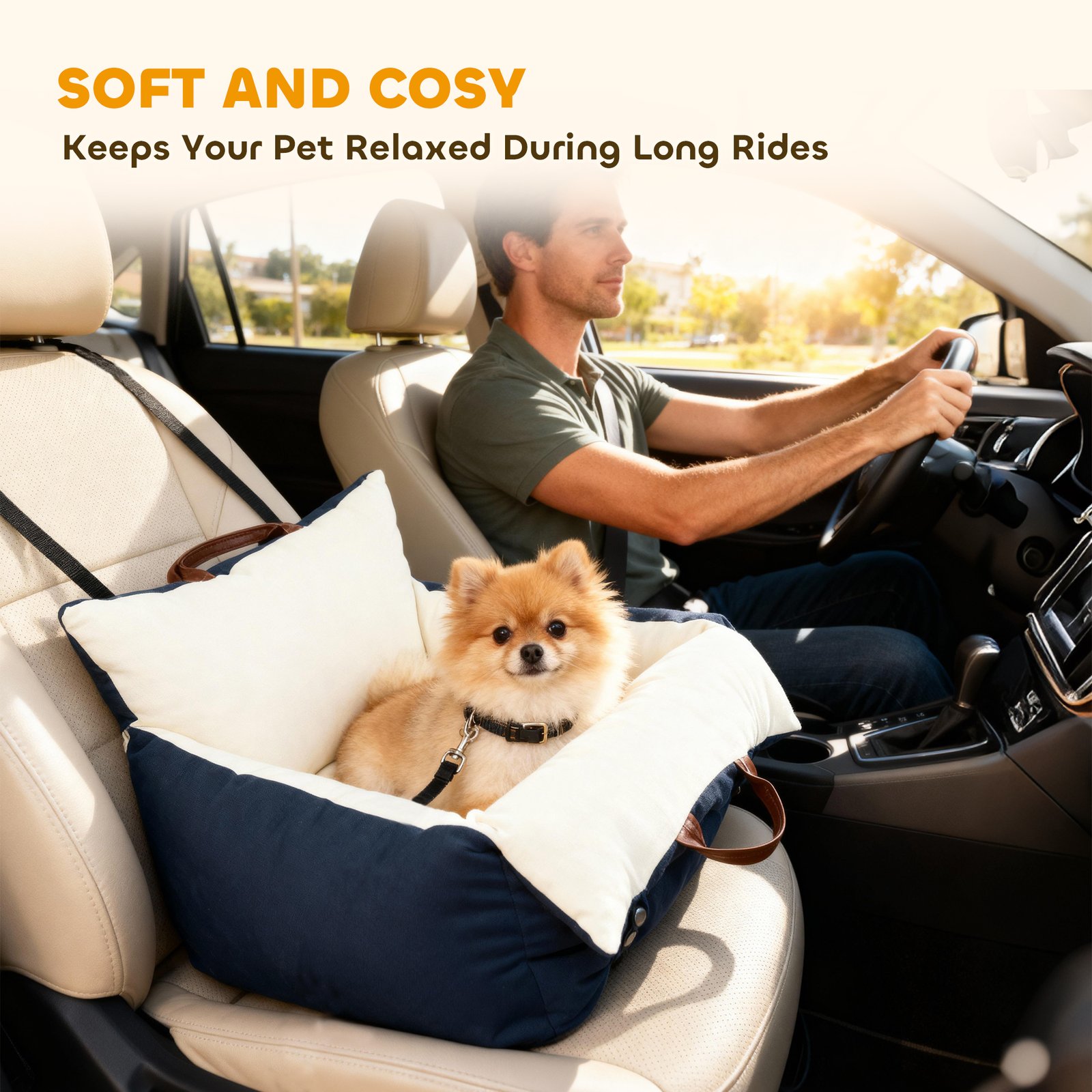 Dog Car Seat, Cosy Pet Car Booster Seat for Small Dog Under 5 KG, Portable Travel Bed with Safety Belts, Navy Blue