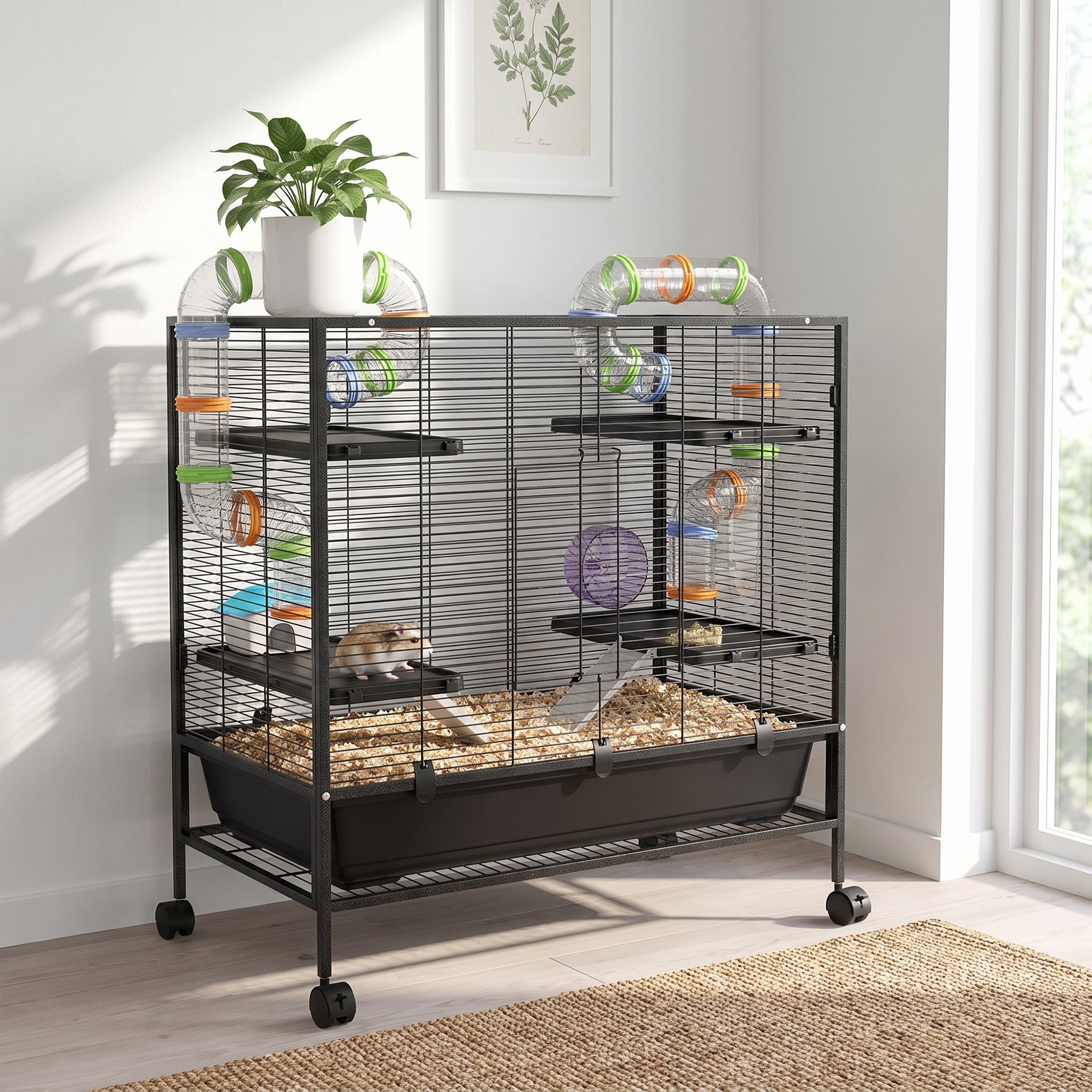 Large Hamster Cage, Gerbil Cage with Tubes, Storage Shelf, Ramps, Platforms, Running Wheel - Black