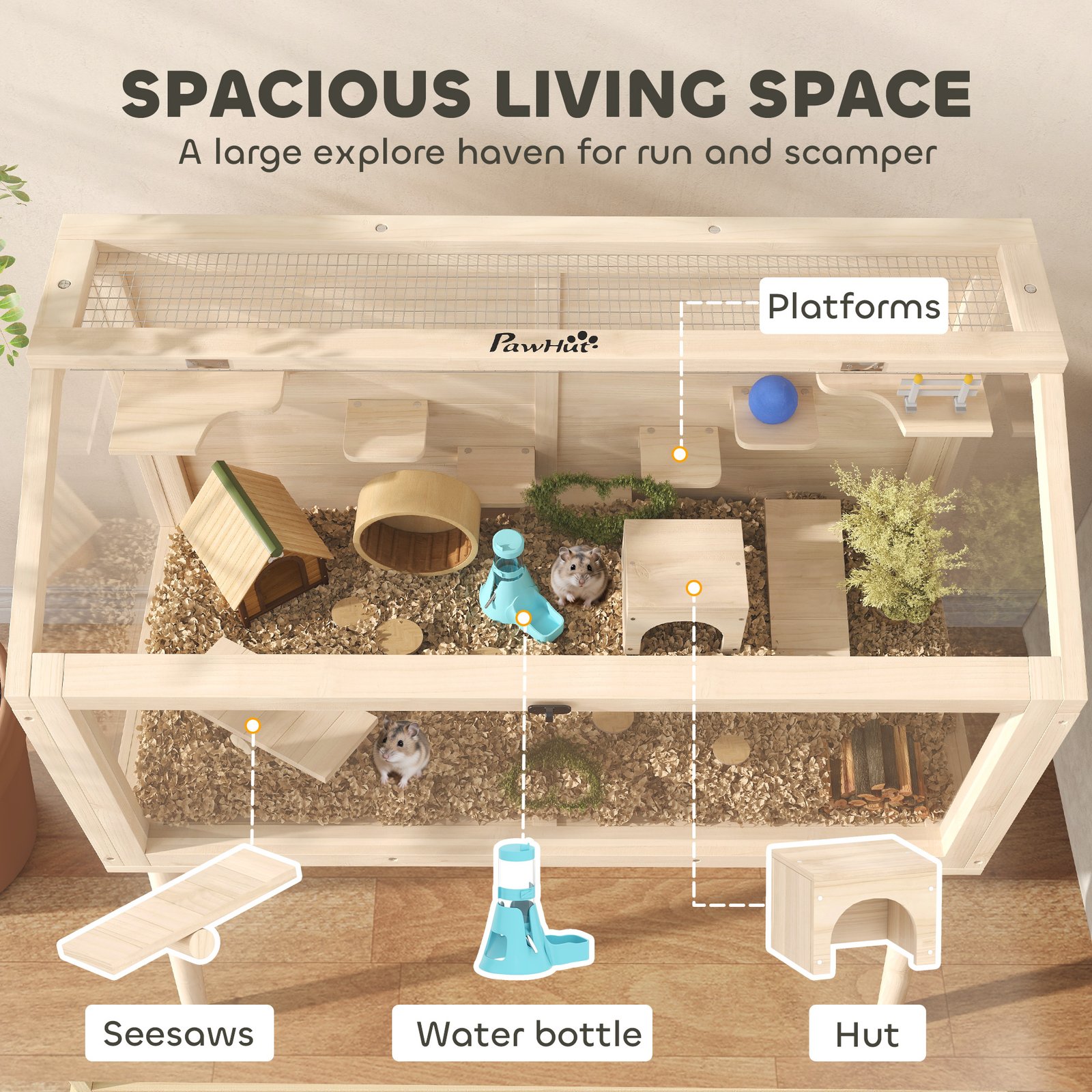 Wooden Hamster Cage, Hamster Habitat with Openable Top, Seesaws, Platforms, Water Bottle for Gerbils, 110 x 52 x 101 cm - Image 4