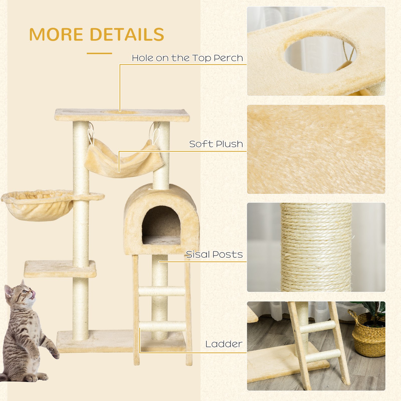 Cat Tree Tower for Indoor Cats Kitten Activity Centre Scratching Post w/ Hammock House Basket Ladder - Beige - Image 6