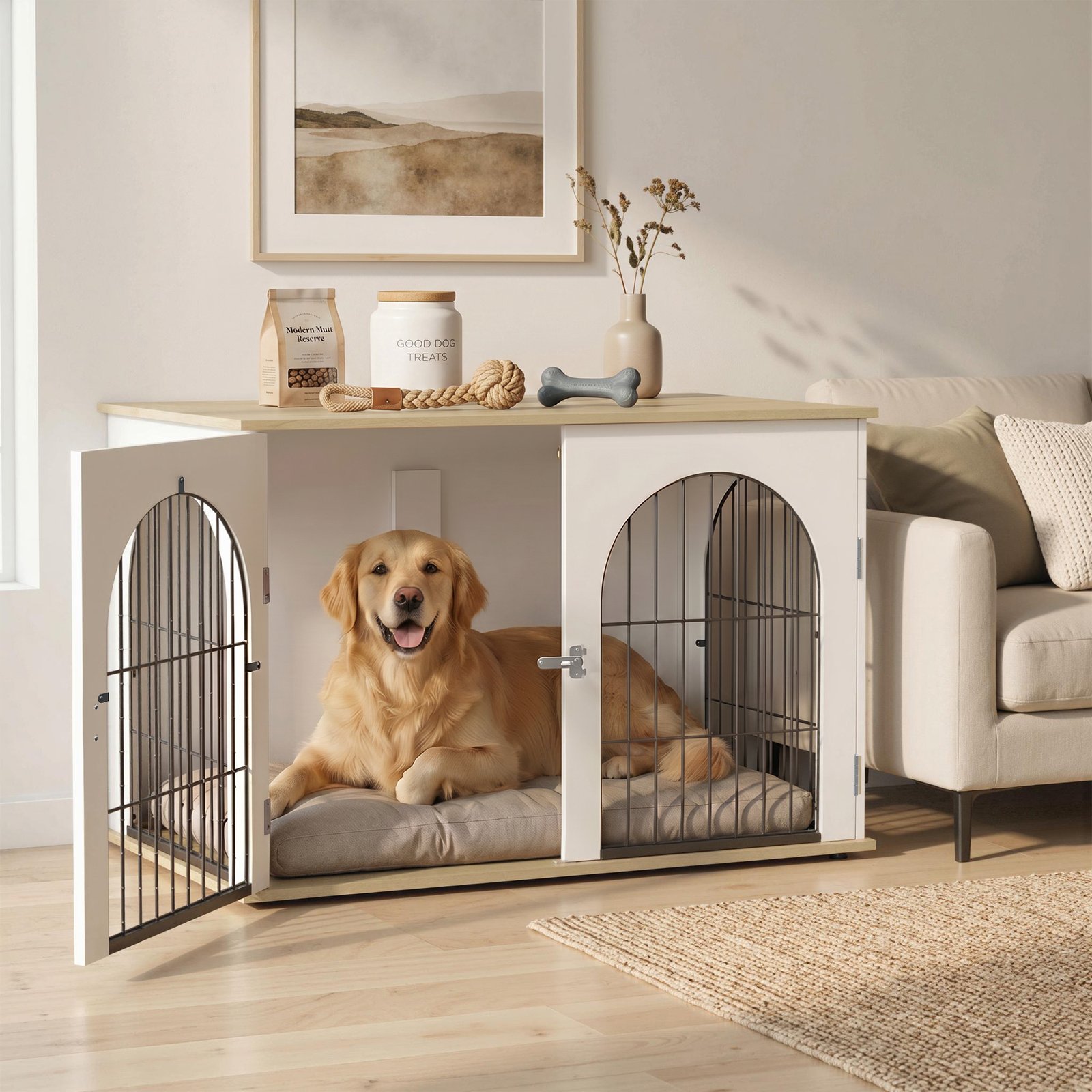 Dog Crate Furniture, Indoor Dog Cage with Double Doors for Large Breeds, Pet Kennel End Side Table - Image 9