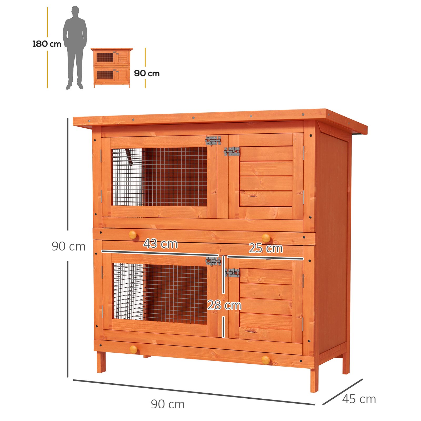 Rabbit Hutch Outdoor Guinea Pig Hutch Wooden Duck House Pet Cage with Opening Roof, 90 x 45 x 90cm - Image 3